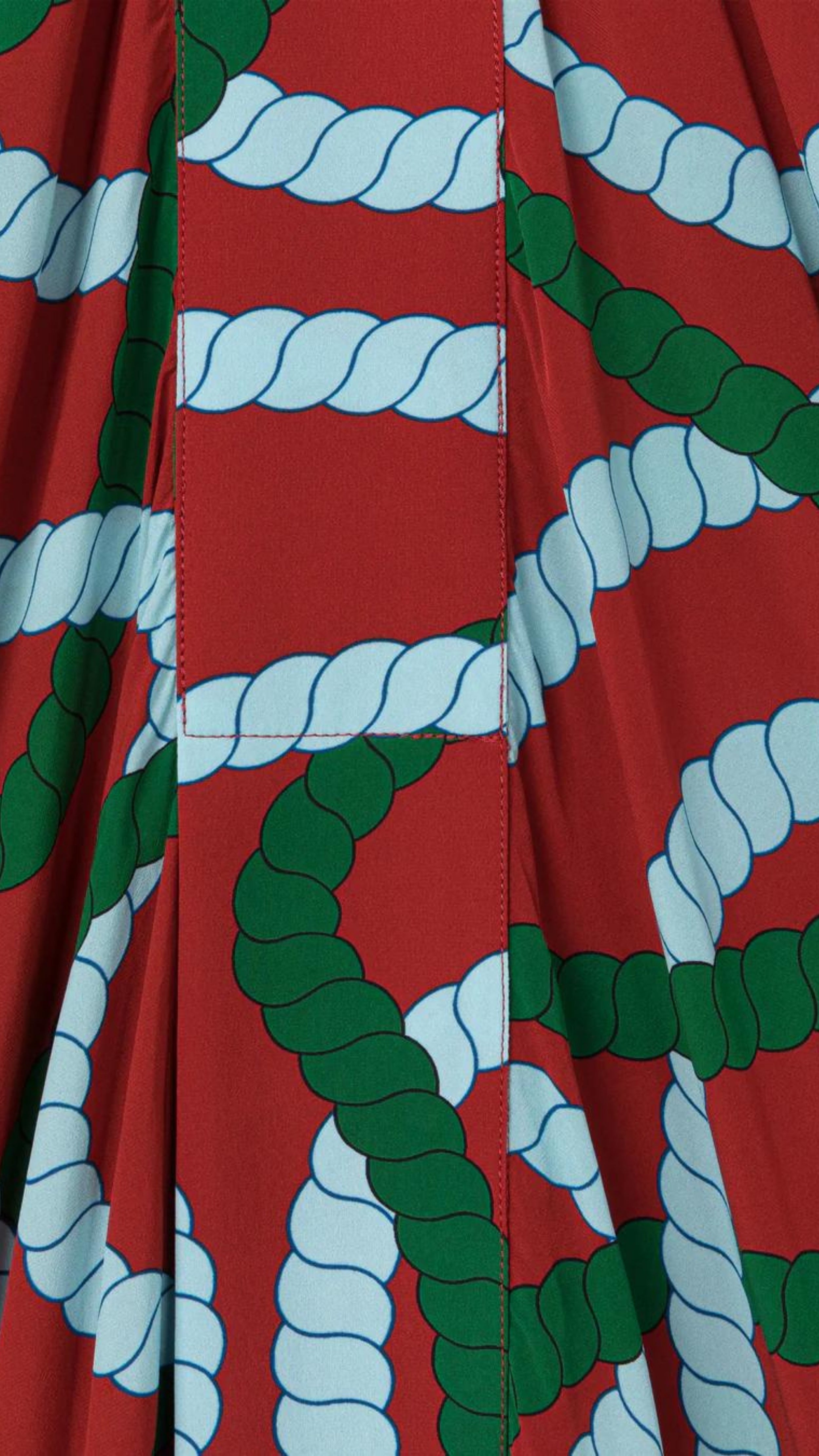 AZ Factory Colville Molly Molloy Lucinda Chambers, Printed Draped Midi Dress. Midi dress with long sleeves and a v cut neckline. It&#39;s a rust red with intertwining  rope pattern in green and sky blue. Detail of pattern and material.