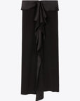 AZ Factory Colville Molly Molloy Lucinda Chambers, Ruffled Crepe Skirt in Black A sleek midi length skirt crafted from a mix of crepe and satin, complemented by a fold-over belt and delicate ruffling along the front panel. Flat product photo
