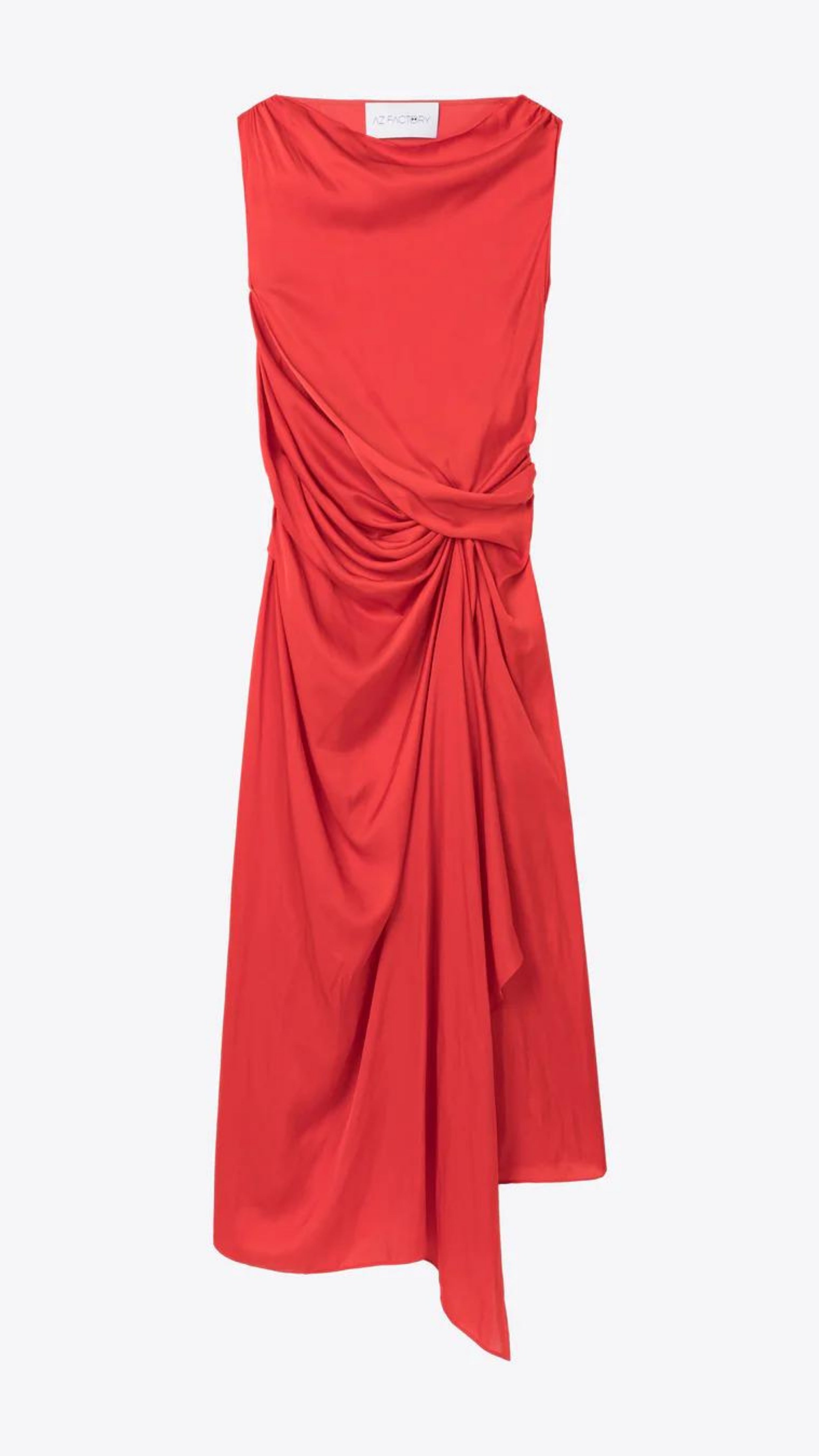 AZ Factory Colville Molly Molloy Lucinda Chambers, Sleeveless Draped Dress in Red An elegant red formal dress with a silhouette defined by a straight neckline and asymmetrical hemline. The waistline has detailed draping and the front leg as a slit. Flat front photo
