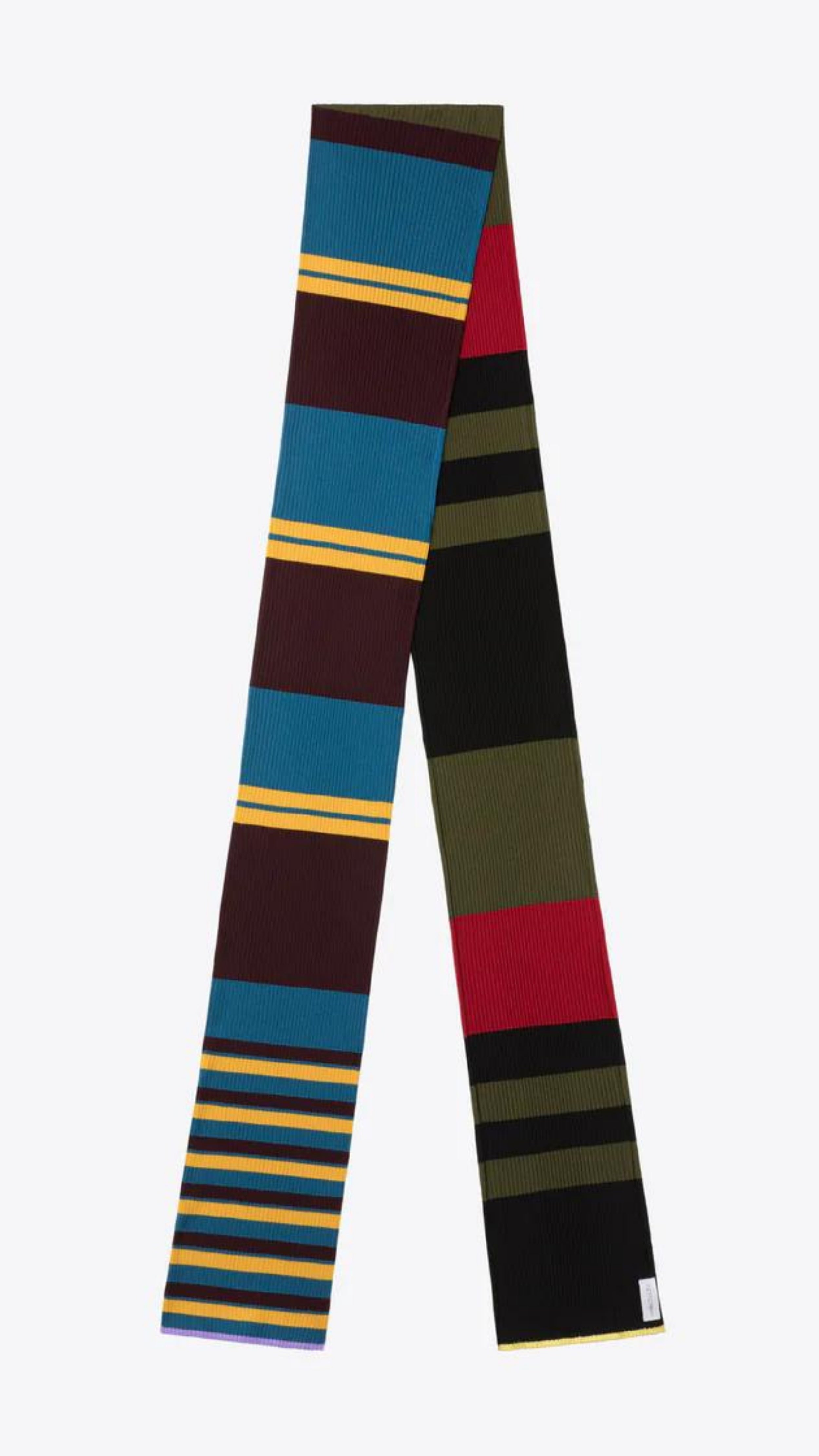 Colville AZ Factory Molly Molloy Lucinda Chambers, Color Block Striped Scarf. Extra long thin scarf with varying stripes in blue, burgundy, yellow, black, and olive green. Photo showing product from above. 