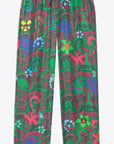 AZ Factory Silk Trousers in Motly Paisley. Pajama style silk pants made in Italy. Featuring a colorful motly paisley print with Alber Ebaz sketches. Product photo shown from front.