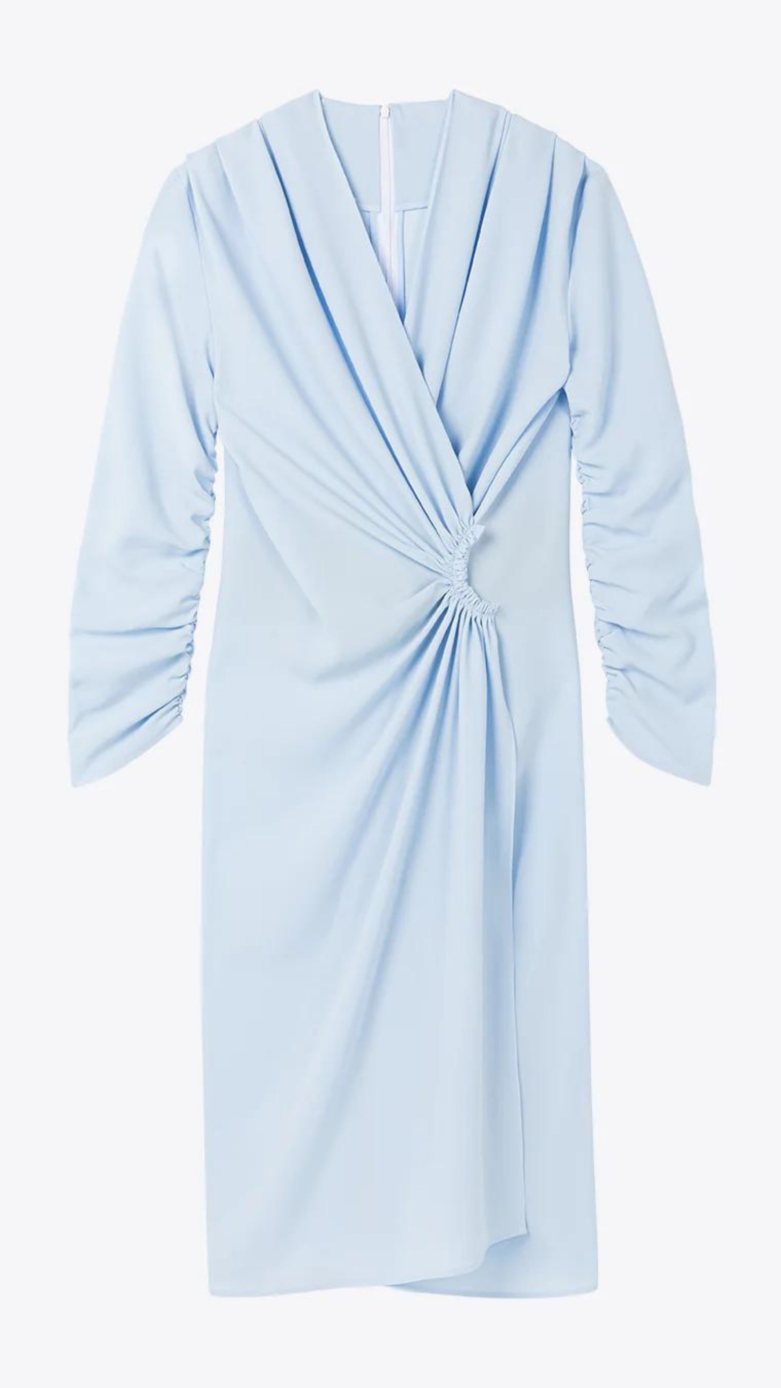 AZ Factory Lutz Huelle, Ella Dress. Crafted with a crepe texture in sky blue hue. V neck and draped, off center gathered front. Half length ruched sleeves  with a midi length skirt. Product photo facing front.