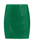 Alejandra Alonso Rojas Leather Mini Skirt with Crochet Seams. Crafted in super soft lamb leather with front and back silk crochet seams in a kelly green. This is a front facing product photo.