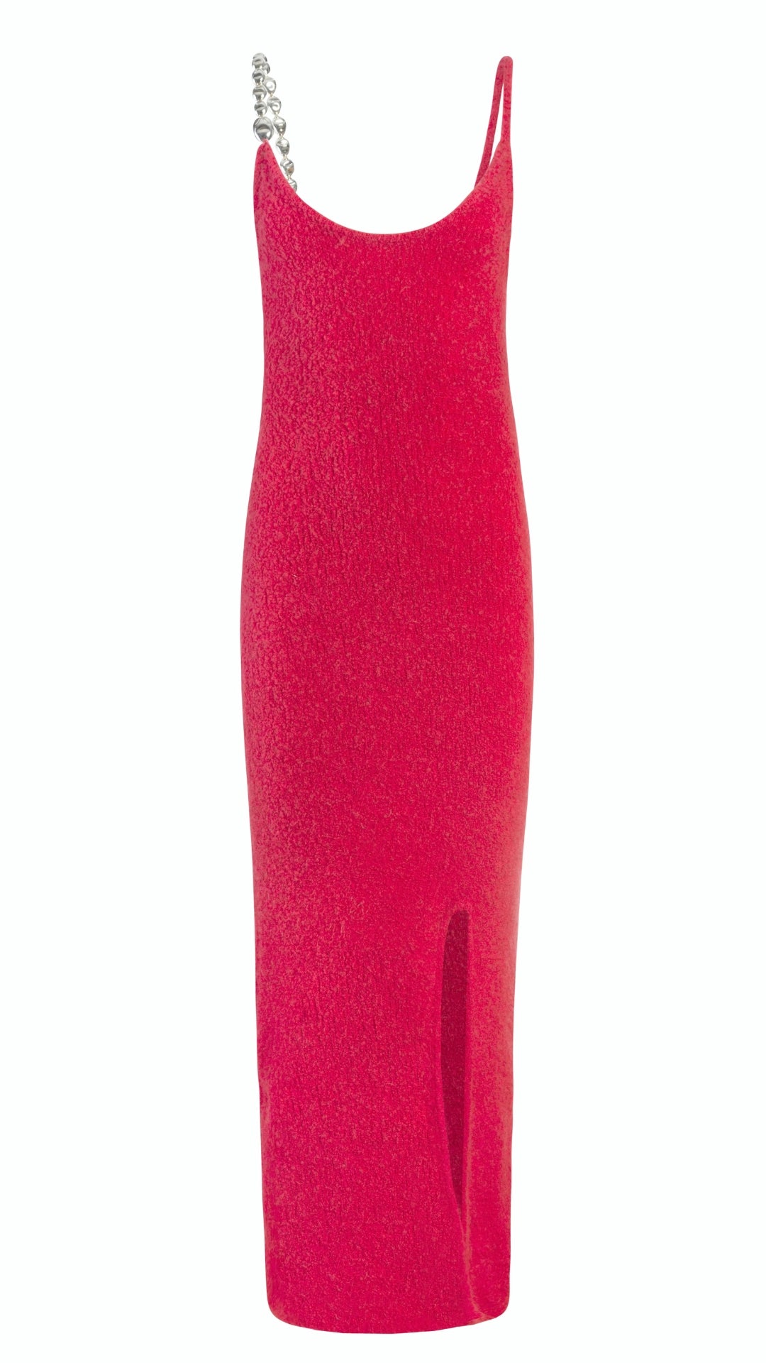 Alejandra Alonso Rojas Machine Knit Dress Pink with Silver Strap. Crafted in the softest camel wool it is a form fitting dress with one thin straps and one silver metallic strap and falls to midi length. It has a slit to just above the knee on one side. Product photo showing front view.