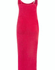 Alejandra Alonso Rojas Machine Knit Dress Pink with Silver Strap. Crafted in the softest camel wool it is a form fitting dress with one thin straps and one silver metallic strap and falls to midi length. It has a slit to just above the knee on one side. Product photo showing back view.