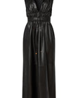 Altuzarra Fiona Dress, made from soft lamb leather. It features a maxi silhouette with a low V-neck, sleeveless, and ruching that folds at the waist with a thin leather belt. Product photo facing front.