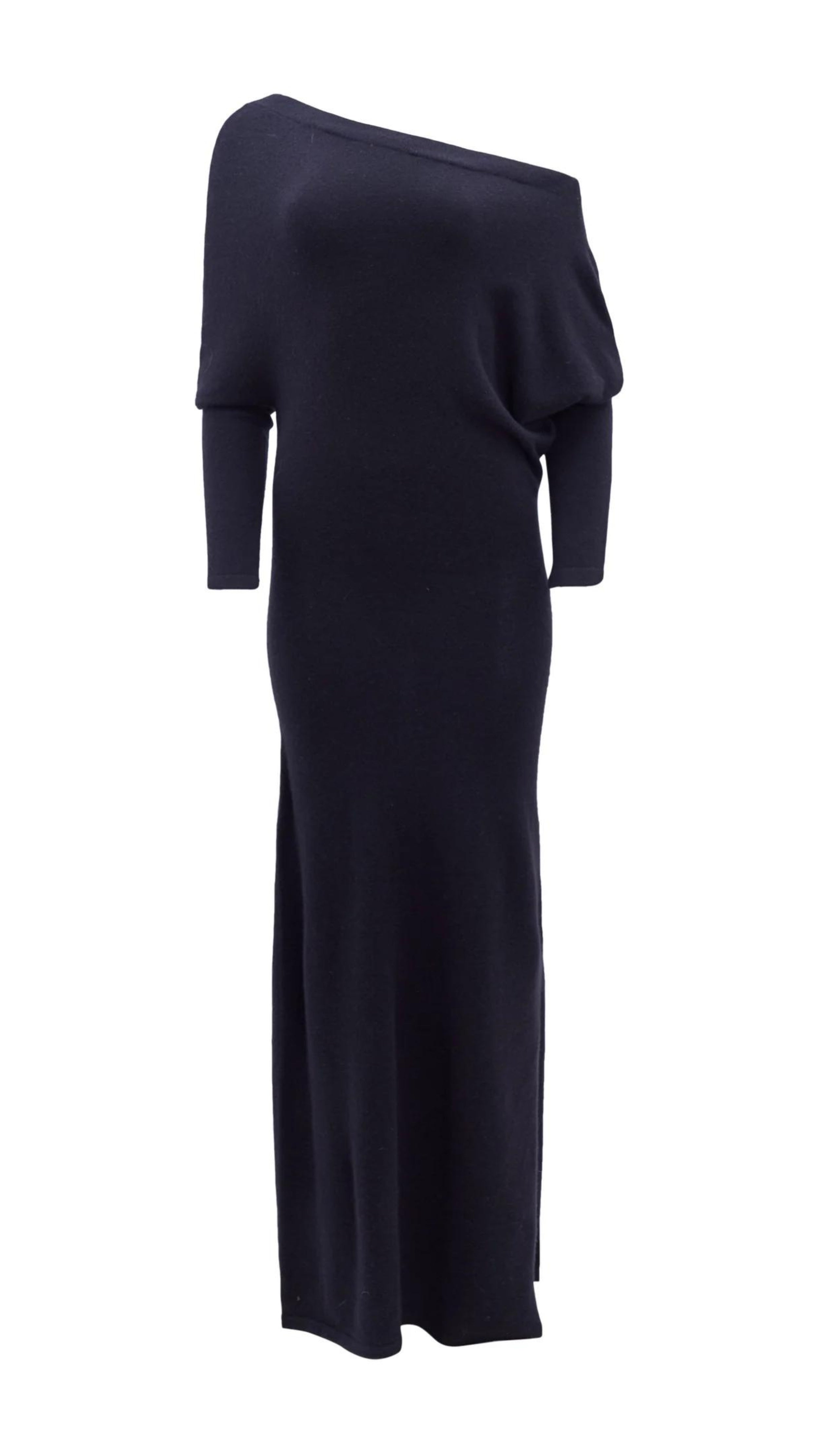 Altuzarra Black Cashmere Kasos Dress. The dress features an oversized off-the-shoulder top, slim long sleeves, an ankle-length skirt with a side slit hem. Off duty ballerina elegance in the style. Photo shows product photo facing front.