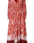 Altuzarra Kathleen Dress The Kathleen Dress is a statement dress using Altuzarra's renowned Shibori dyeing technique in shades of red, cranberry and orange. It has a maxi silhouette, a V-neckline, a ruched waist, long pleated sleeves, and button-fastening cuffs. Product photo flat.