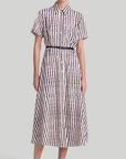 Altuzarra Kiera Dress The 'Kiera' dress is designed with a small point collar, short sleeves and a flattering A-line skirt. It is detailed with a slim leather waist belt and features a black and white stripe pattern and a front breast pocket. Shown on model facing front.