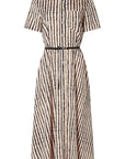 Altuzarra Kiera Dress The 'Kiera' dress is designed with a small point collar, short sleeves and a flattering A-line skirt. It is detailed with a slim leather waist belt and features a black and white stripe pattern and a front breast pocket. Product photo facing front.
