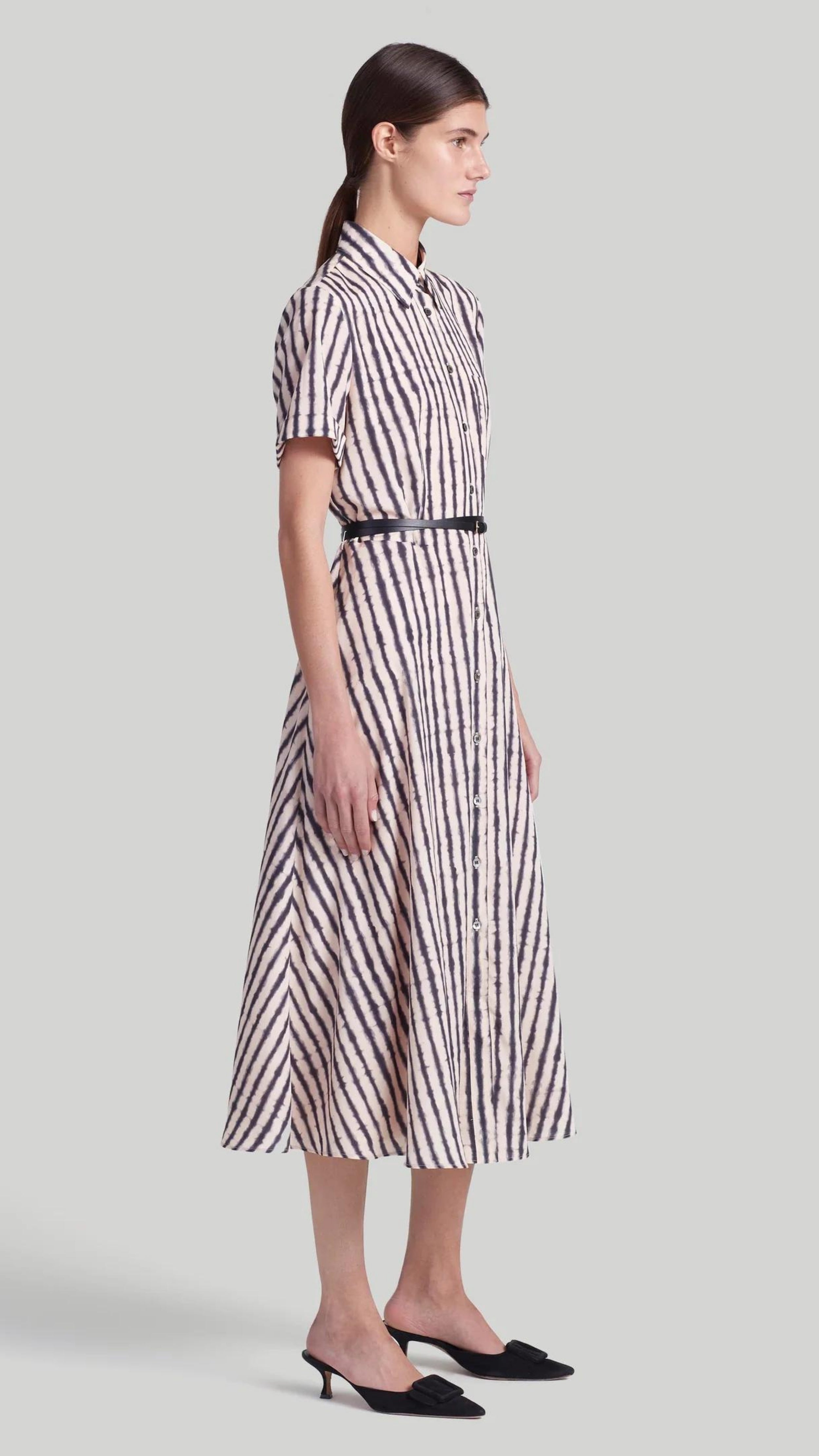 Altuzarra Kiera Dress The &#39;Kiera&#39; dress is designed with a small point collar, short sleeves and a flattering A-line skirt. It is detailed with a slim leather waist belt and features a black and white stripe pattern and a front breast pocket. Shown on model facing side.