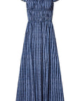 Altuzarra Lily Dress The 'Lily' dressmade from soft cotton. The midi dress  features a smocked construction and off-the-shoulder design. It has hidden pockets and a side slit in the skirt. In tones of blue. Product photo flat.