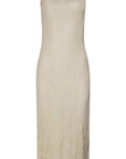 Altuzarra Peggy Dress From the Spring Summer 2024 runway collection, this maxi length dress designed with a unique metal core yarn to create a textured, lived-in look. It has a satin finish and features a sheer top layer that holds its crinkle with back button detailing. The dress is lined with an interior slip. Product photo facing front.