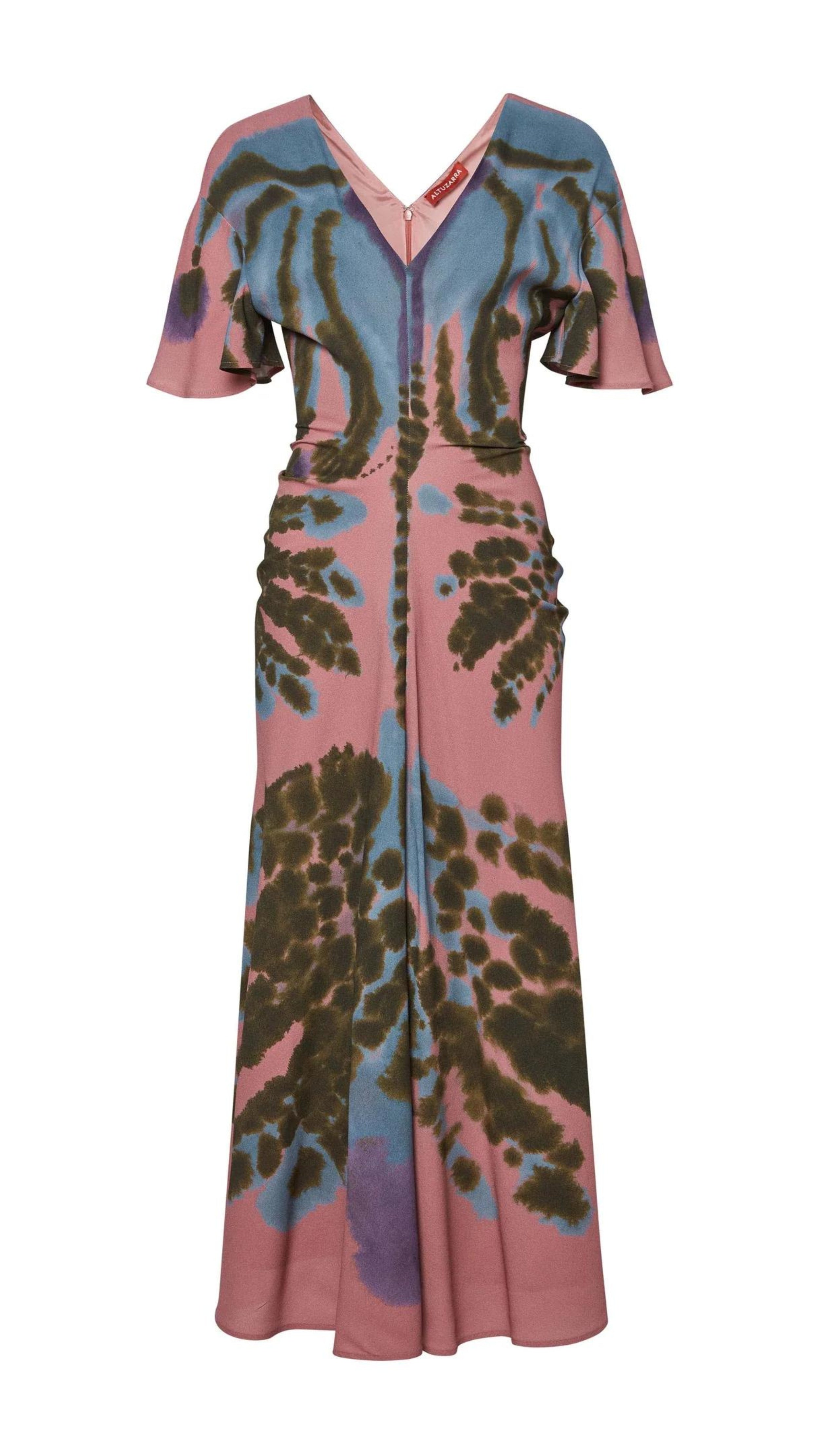 Altuzarra Pelopenese Dress. Rose pink, sky blue and green rorschach pattern midi dress. With a v neckline and soft draping half sleeves. Flowing skirt with waist line rouching. Product photo shown from front.