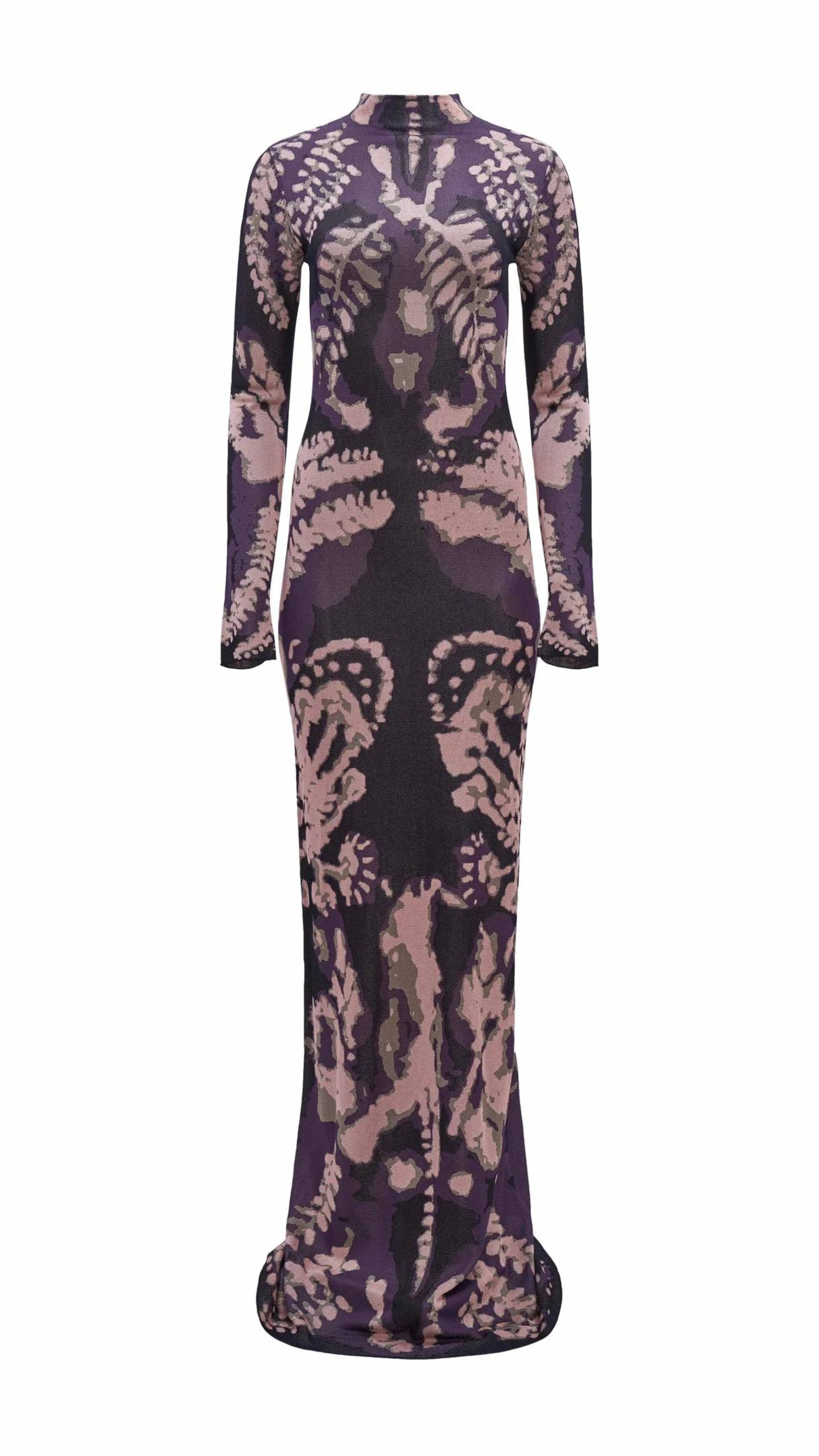 Altuzarra Rhea Dress. Knit dress in the rorschach in deep purple and pale pink. with a mock turtleneck, long sleeves and maxi length. Photo shows front view