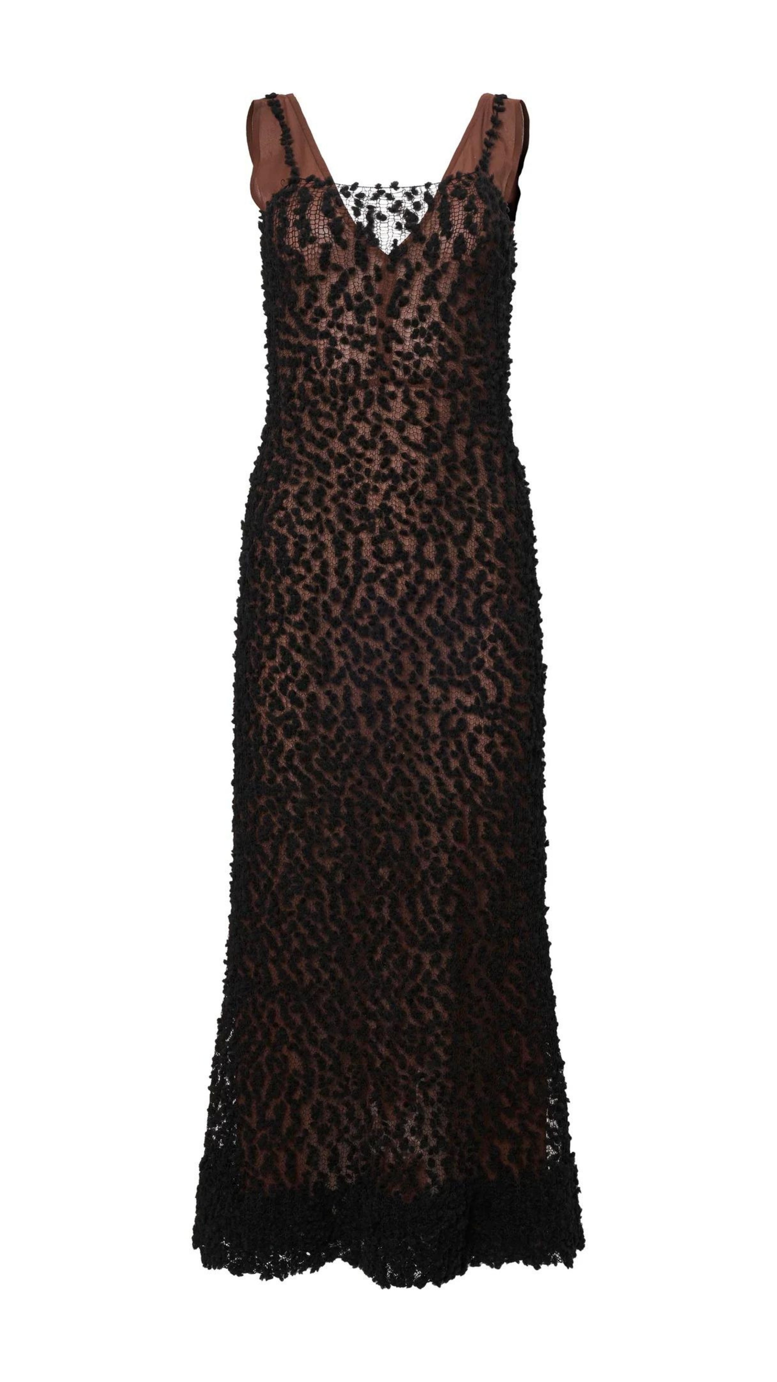 Altuzarra &#39;Rivette&#39; dress SS24 Runway Collection. Its sheer fabric and figure-skimming silhouette are accentuated with a unique 3D finish in brown and black. Floor length long dress with a v neckline. Product photo from the front