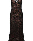 Altuzarra 'Rivette' dress SS24 Runway Collection. Its sheer fabric and figure-skimming silhouette are accentuated with a unique 3D finish in brown and black. Floor length long dress with a v neckline. Product photo from the front