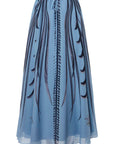 Altuzarra Roxana Skirt. Sky blue, navy blue and violet highlight. Hand painted skirt with adjustable tied at the waist. Midi length. Natural pattern. Product photo shown from the front.