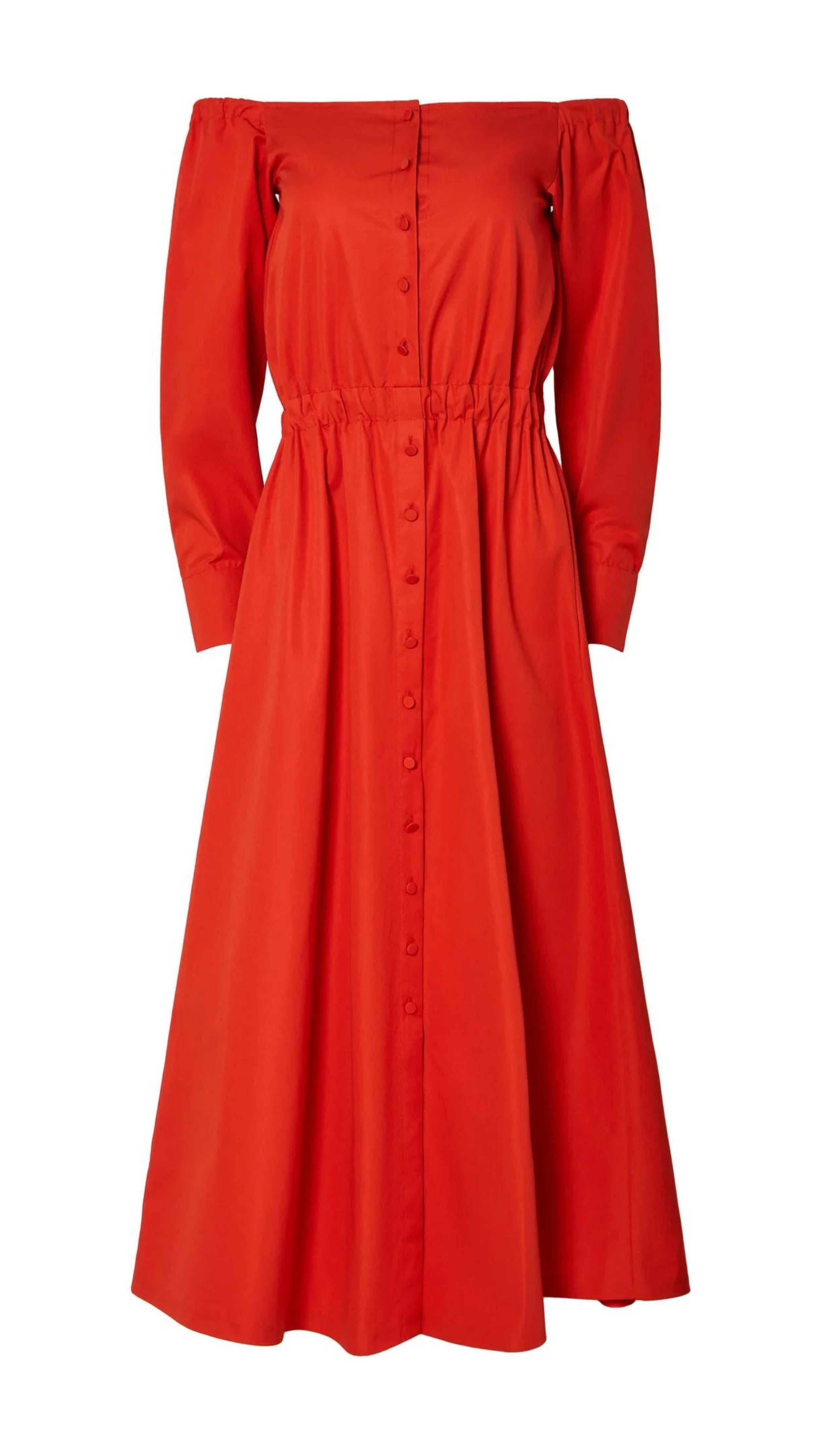 Altuzarra Zora dress shirt dress style soft cotton midi dress in red orange color. Made in Italy. The dress has off the shoulder neckline, puff sleeves and an elasticated waist waistband. Product photo from front.