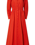 Altuzarra Zora dress shirt dress style soft cotton midi dress in red orange color. Made in Italy. The dress has off the shoulder neckline, puff sleeves and an elasticated waist waistband. Product photo from front.