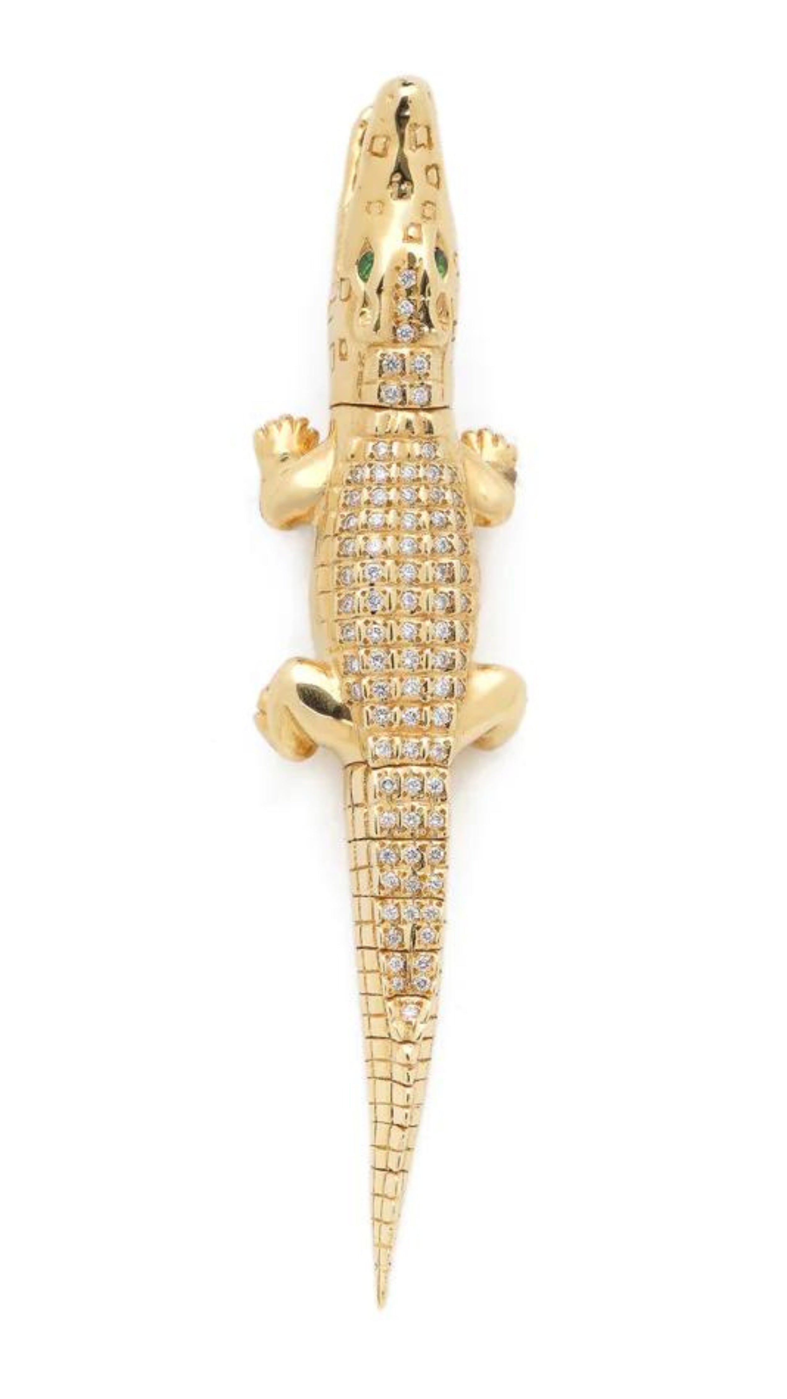 Bibi van der Velden, Alligator Bite Diamond Earring. Single alligator earring crafted in 18K gold with white diamond pace body. Shown from the top.