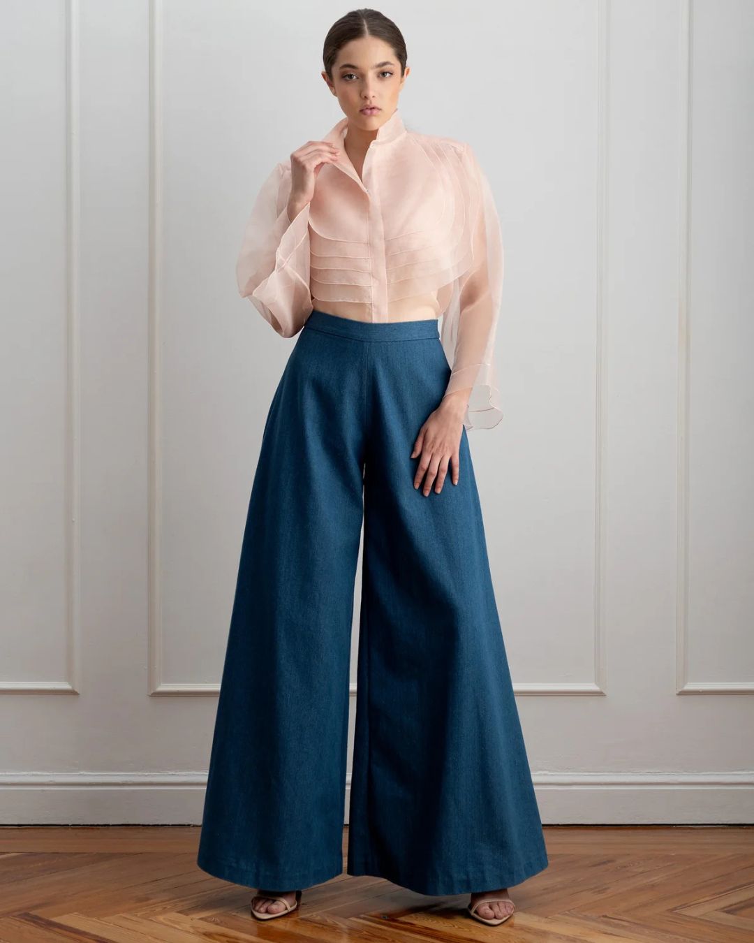 Beatriz de la Cámara Pink Organza Ruffle Blouse worn with wide leg trousers, Experience 27