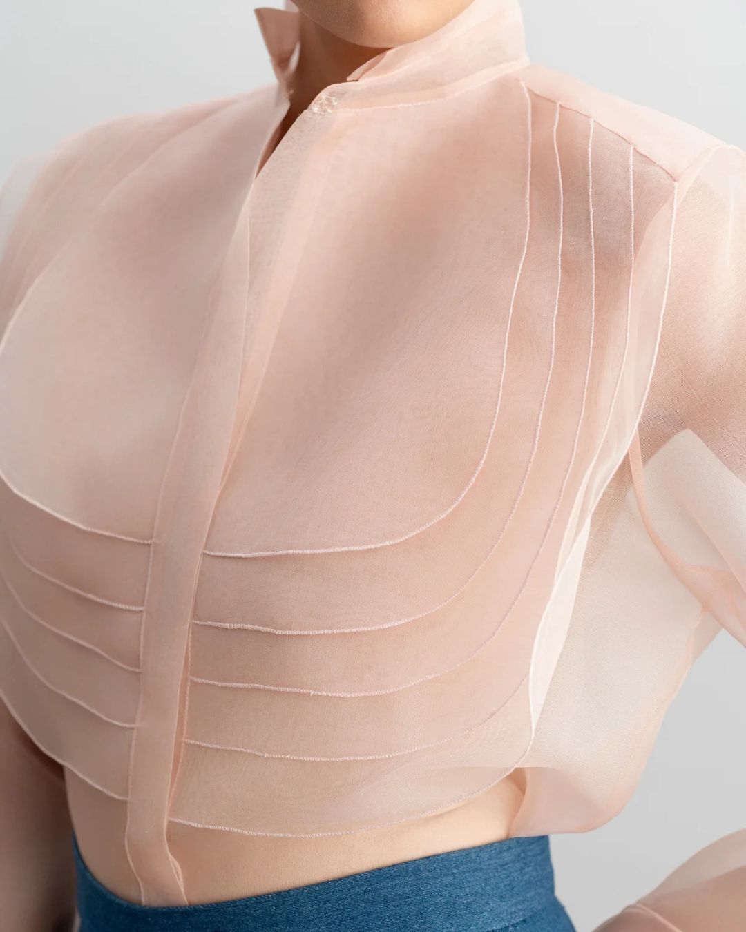 Beatriz de la Cámara Pink Organza Ruffle Blouse layered ruffle front and stand collar detail, Experience 27