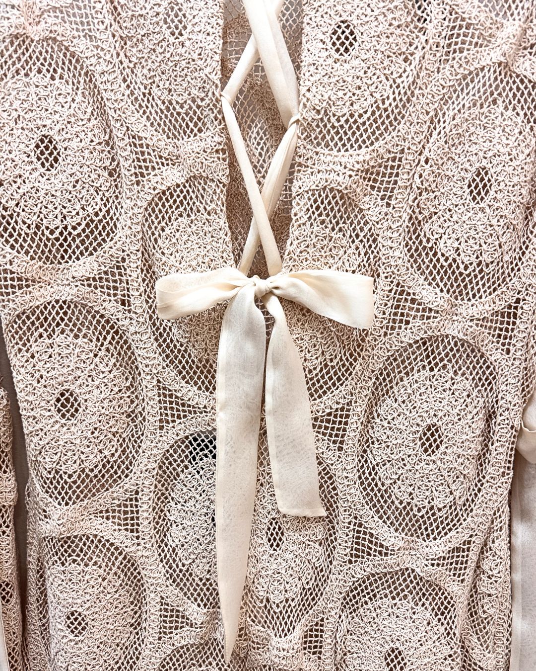 Beatriz de la Cámara Beige Crochet Maxi Dress back view with lace up closure, Experience 27