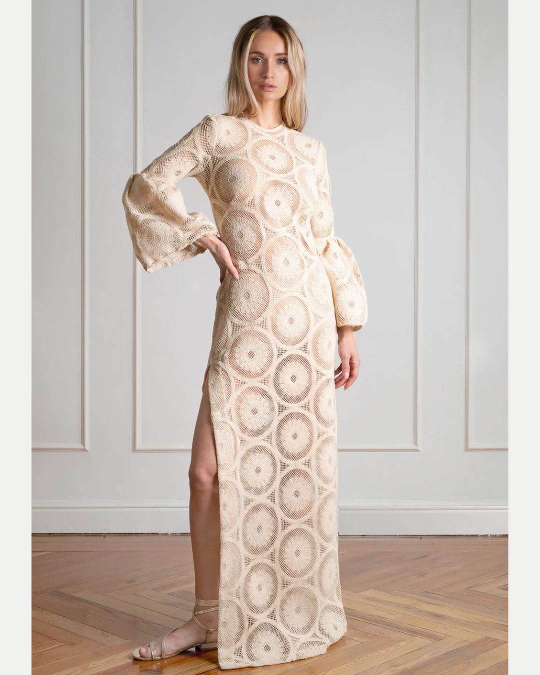 Beatriz de la Cámara Beige Crochet Maxi Dress full length front view on model, Experience 27