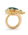 Bibi van der Velden Alligator Twist Ring in Malachite. An intricately carved ring crafted from 18K Gold with a malachite stone alligator body. The alligator is twisted from tail to nose and the ring is set beneath the scultpure. Photo shown from the side view.