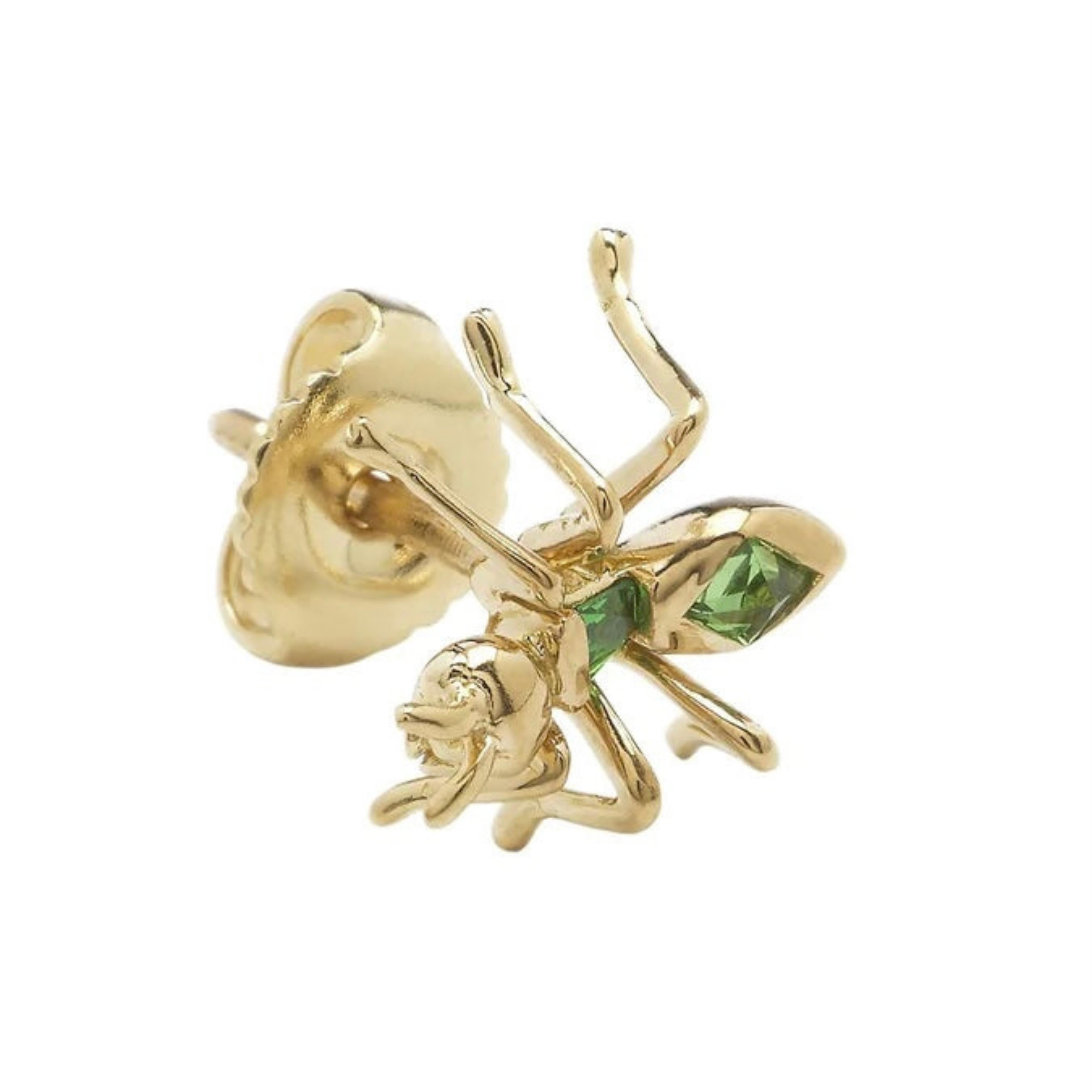 Bibi van der Velden Ant Single Stud Earring - Green Tsavorite. Sculptural single earring in the shape of an ant with two Green Tsavorite stone forming the body. Earring shown from the side view.