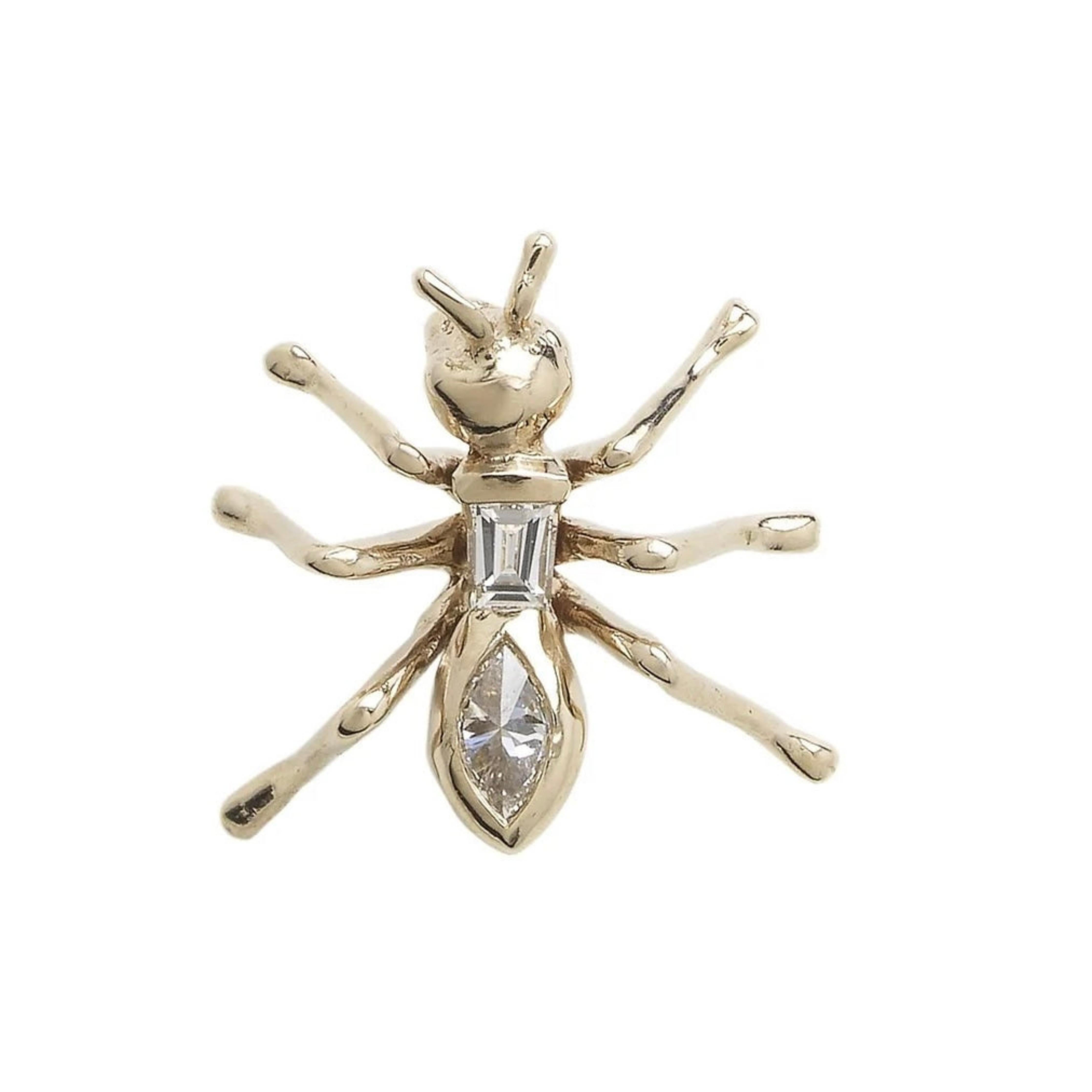 Bibi van der Velden Ant Single Stud Earring - White Diamond. Sculptural single earring in the shape of an ant with two white diamond stones forming the body. Earring shown from the top view.