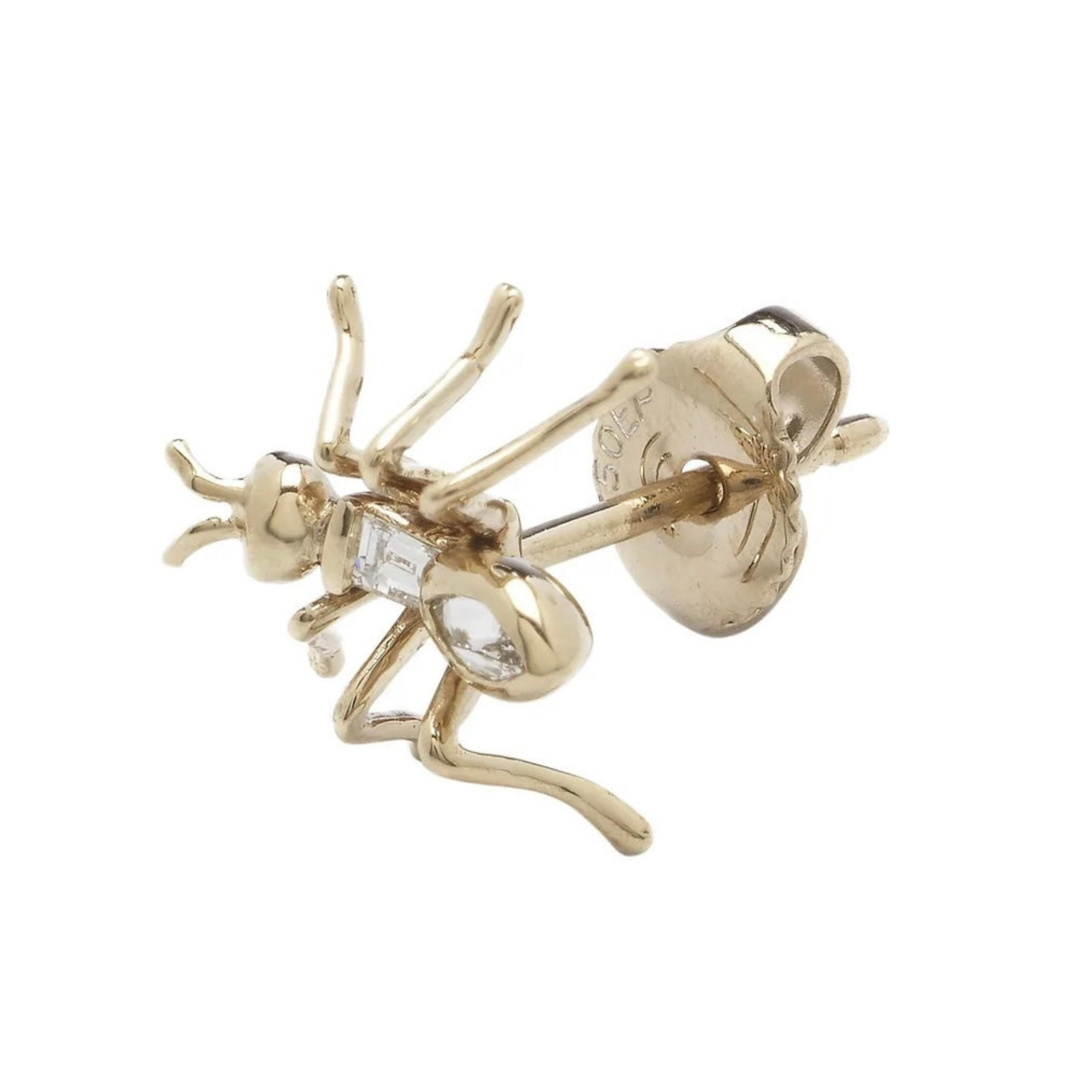 Bibi van der Velden Ant Single Stud Earring - White Diamond. Sculptural single earring in the shape of an ant with two white diamond stones forming the body. Earring shown from the side view.