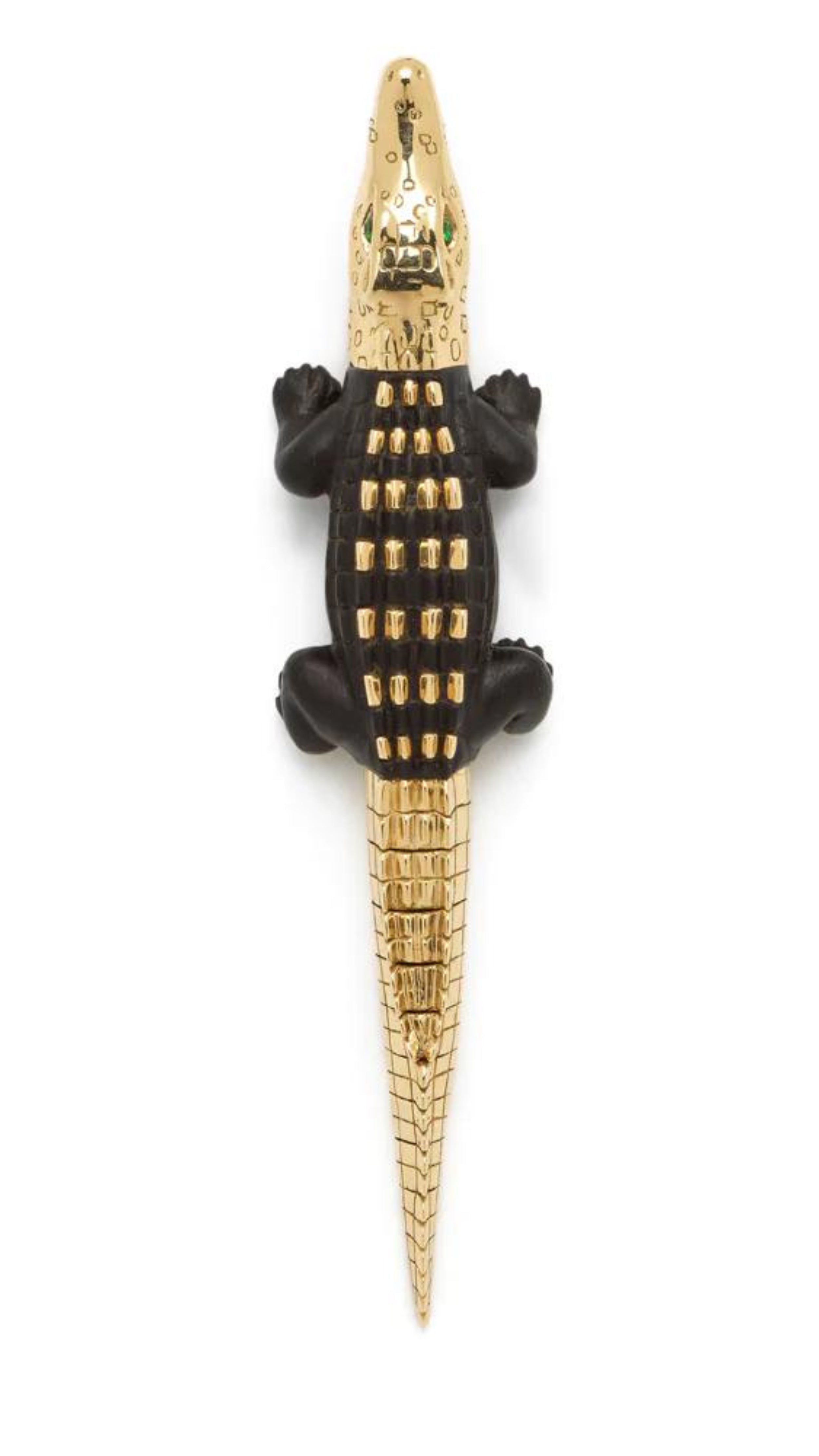 Bibi van der Velden, Ebony Wood Large Alligator Bite Earring with Studs. Crafted in 18K Gold and with an ebony wood body in the shape of an alligator. The gold head is highlighted with green tsavorite stones. The tail is gold scaled. Shown from the top view.