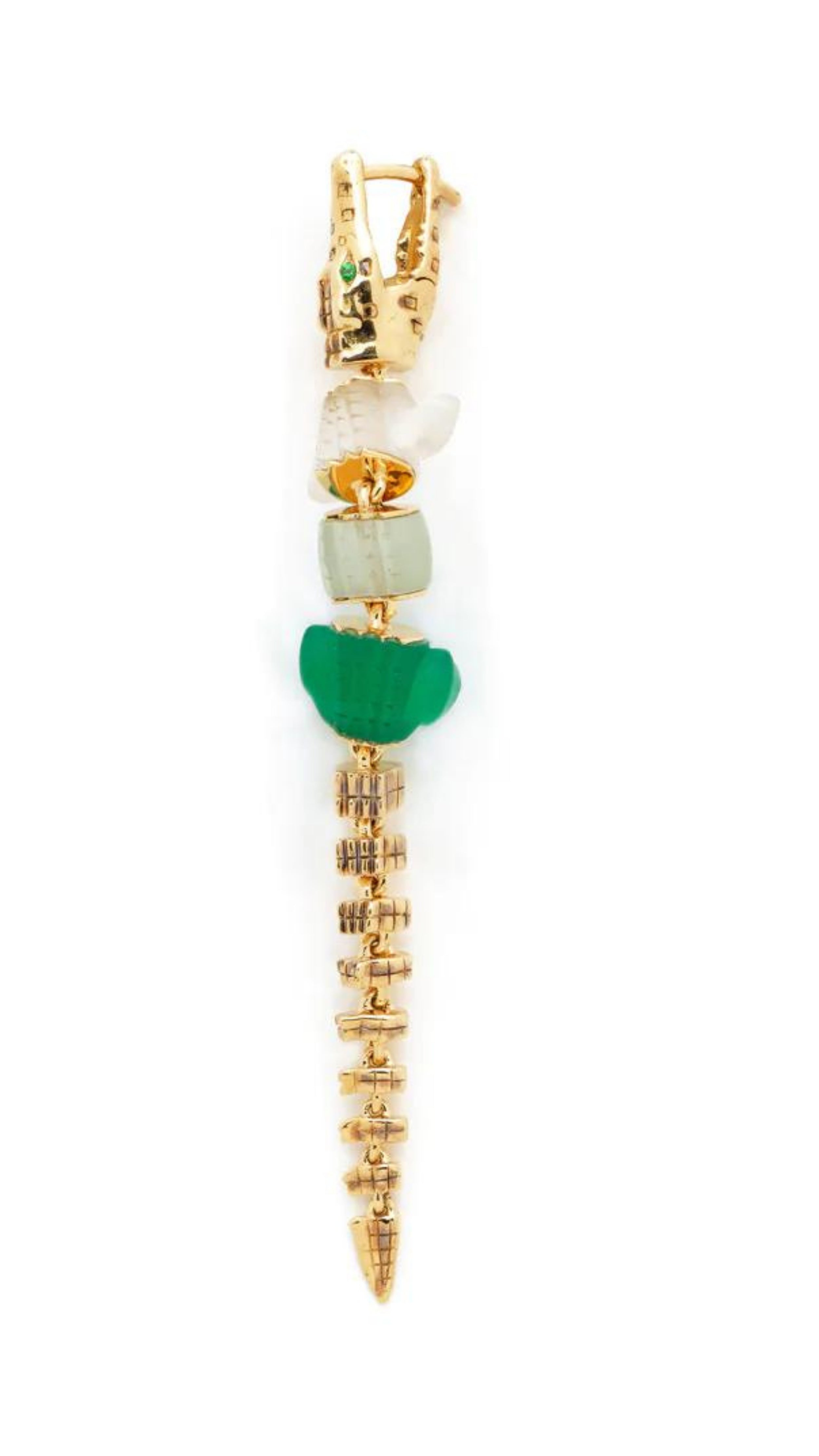Bibi van der Velden Green Gradient Alligator Vertebrae Bite Earring. Crafted in 18K yellow gold, the alligator&#39;s body is formed by White Quartz, Green Amethyst, Green Agate while the head and tail are in solid 18K gold.  Photo shows earring from above.