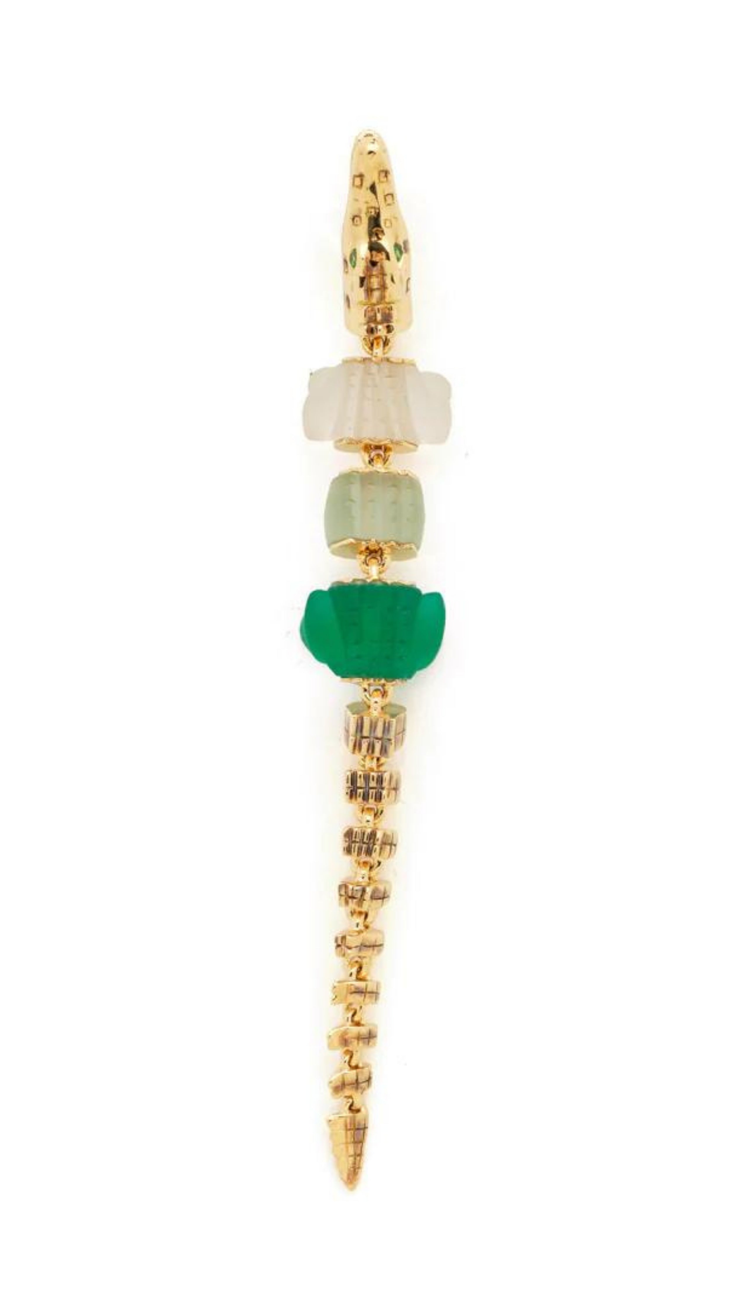 Bibi van der Velden Green Gradient Alligator Vertebrae Bite Earring. Crafted in 18K yellow gold, the alligator's body is formed by White Quartz, Green Amethyst, Green Agate while the head and tail are in solid 18K gold.  Photo shows earring from above.
