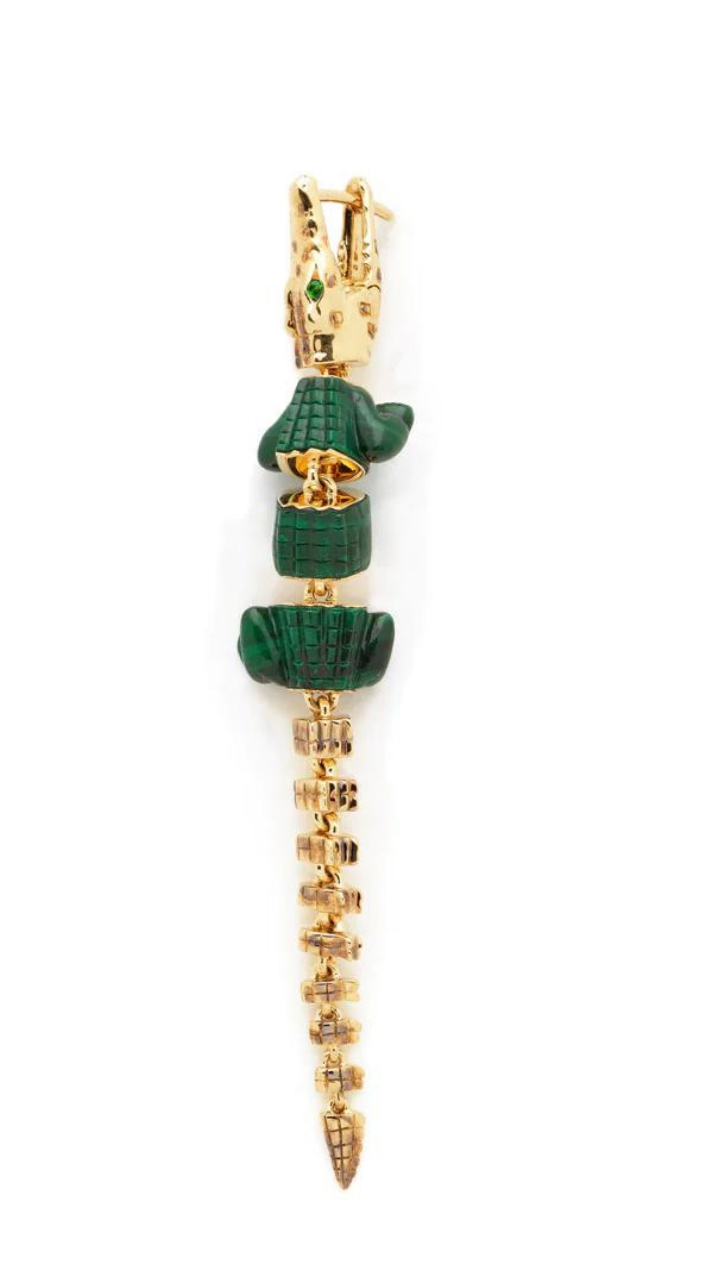 Bibi van der Velden Malachite Alligator Vertebrae Bite Single Earring. Hand-crafted 18K yellow gold earring with spine of the alligator and lifelike malachite body with Tsavorite accents. It has a unique bite clasp and moving tail. Shown from the front side.