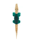 Bibi van der Velden Malachite Alligator Earring. Hand-carved to replicate the body of a mini alligator, the 18K yellow gold earring is adorned with tsavorite stones and a malachite carved body.  Shown from the top view.