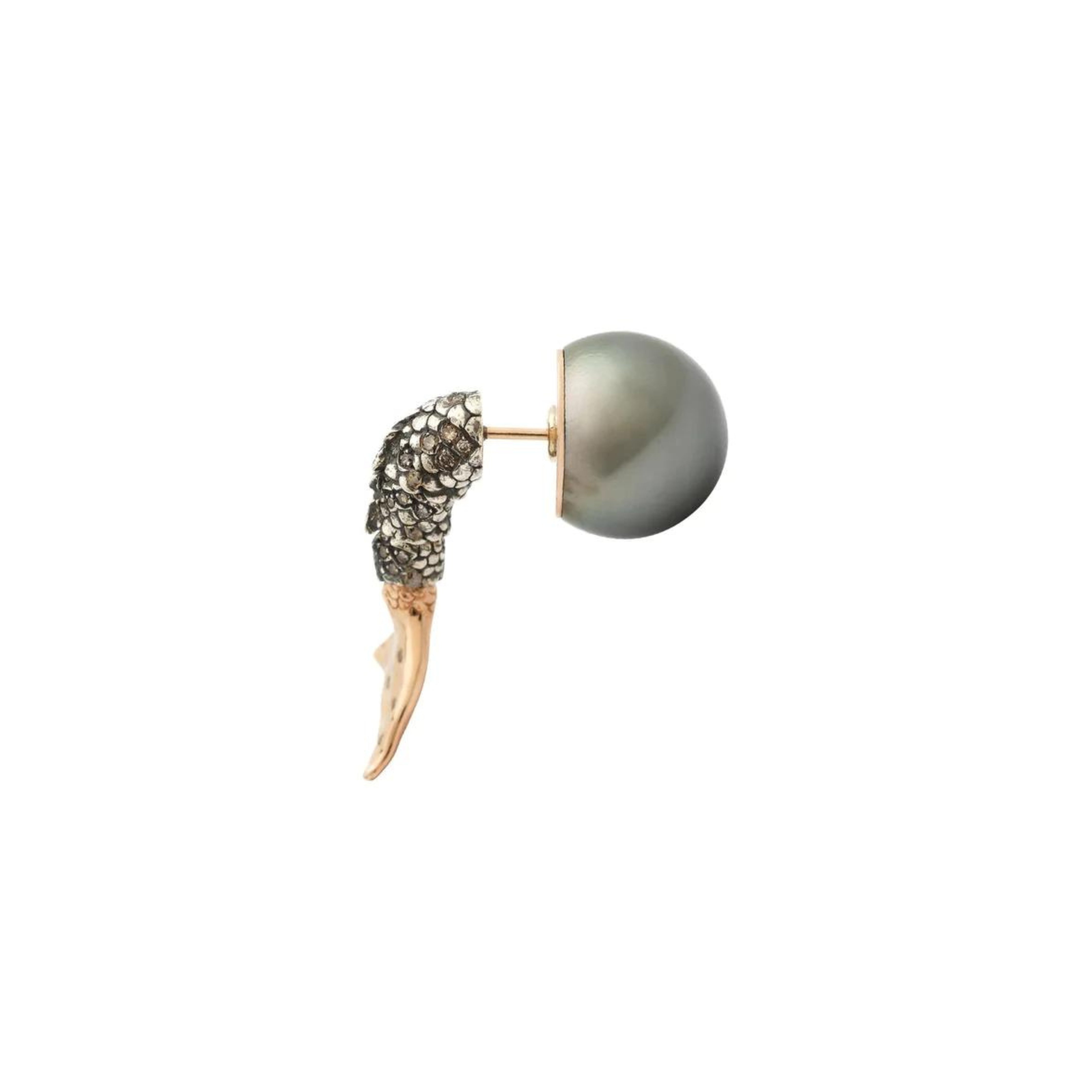 Bibi van der Velden Mermaid Pearl Earring. Made in 18K rose gold and sterling silver with a deep blue pearl and brown diamonds. Featuring a moving mermaid&#39;s tail with moving scales and gold fin. Shown from the side.