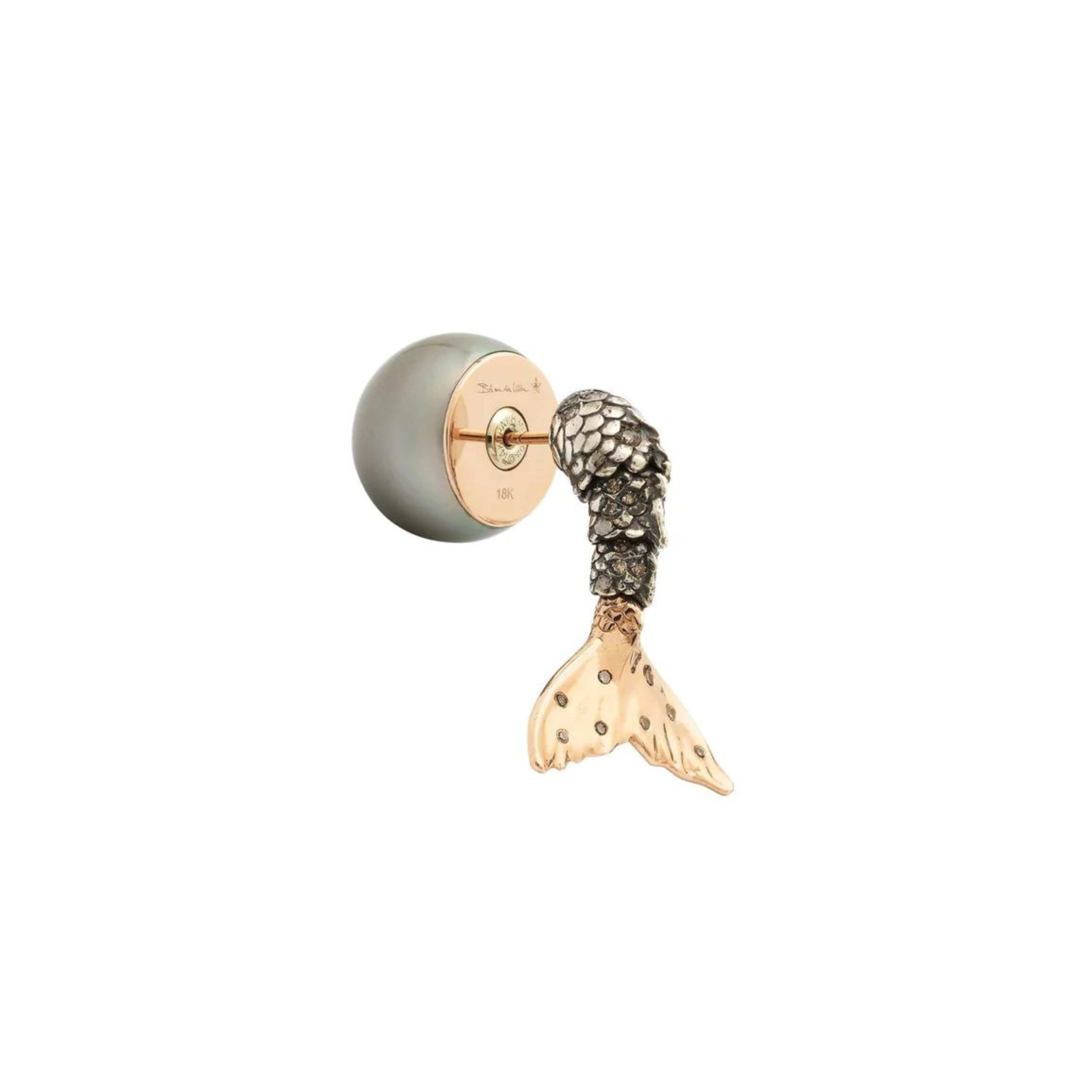 Bibi van der Velden Mermaid Pearl Earring. Made in 18K rose gold and sterling silver with a deep blue pearl and brown diamonds. Featuring a moving mermaid&#39;s tail with moving scales and gold fin. Shown from the side.
