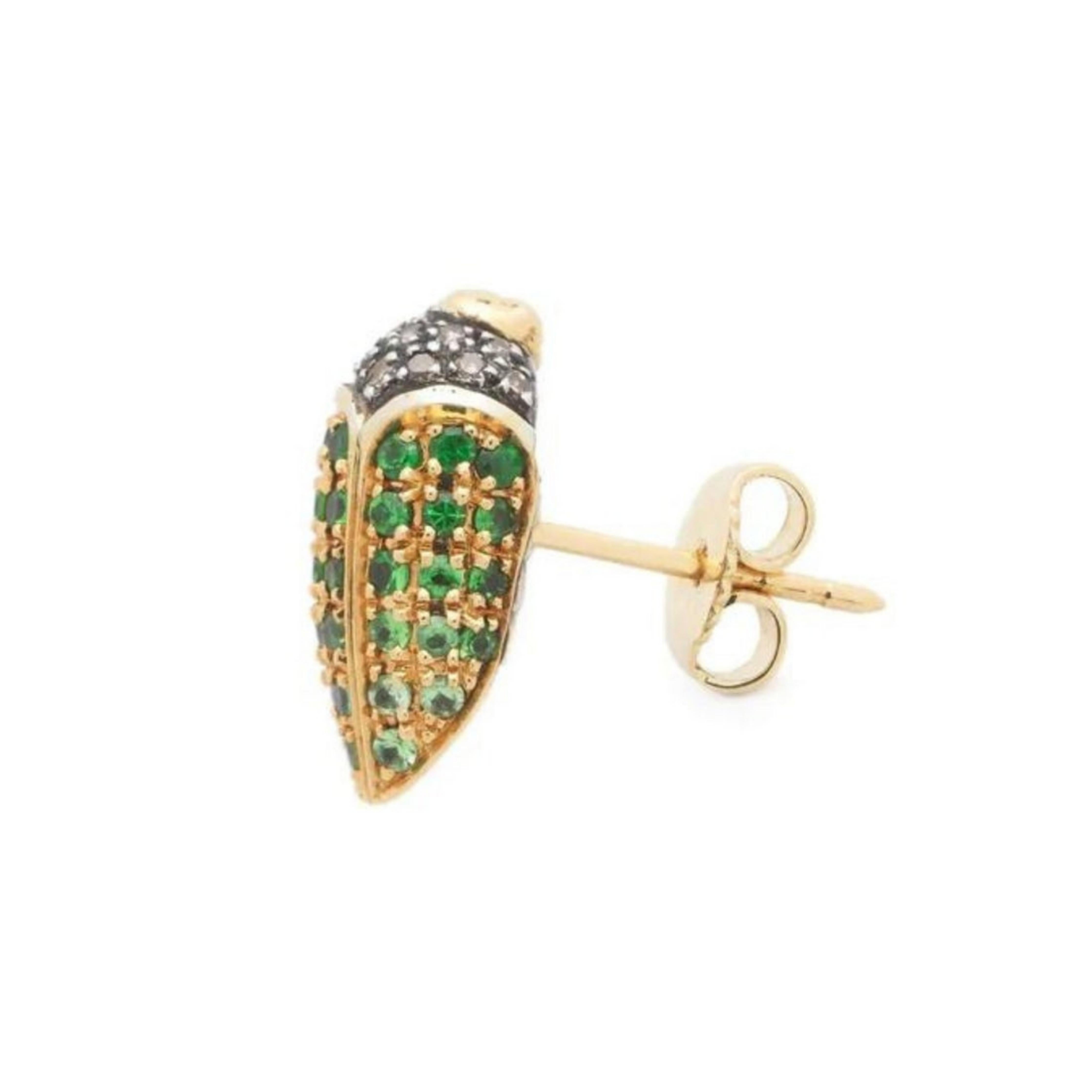 Bibi van der Velden, Mini Scarab Pave Stud. Crafted from 18K yellow gold and sterling silver, this earring features a pave of brown diamonds, tsavorites and yellow sapphires. Shown from above.