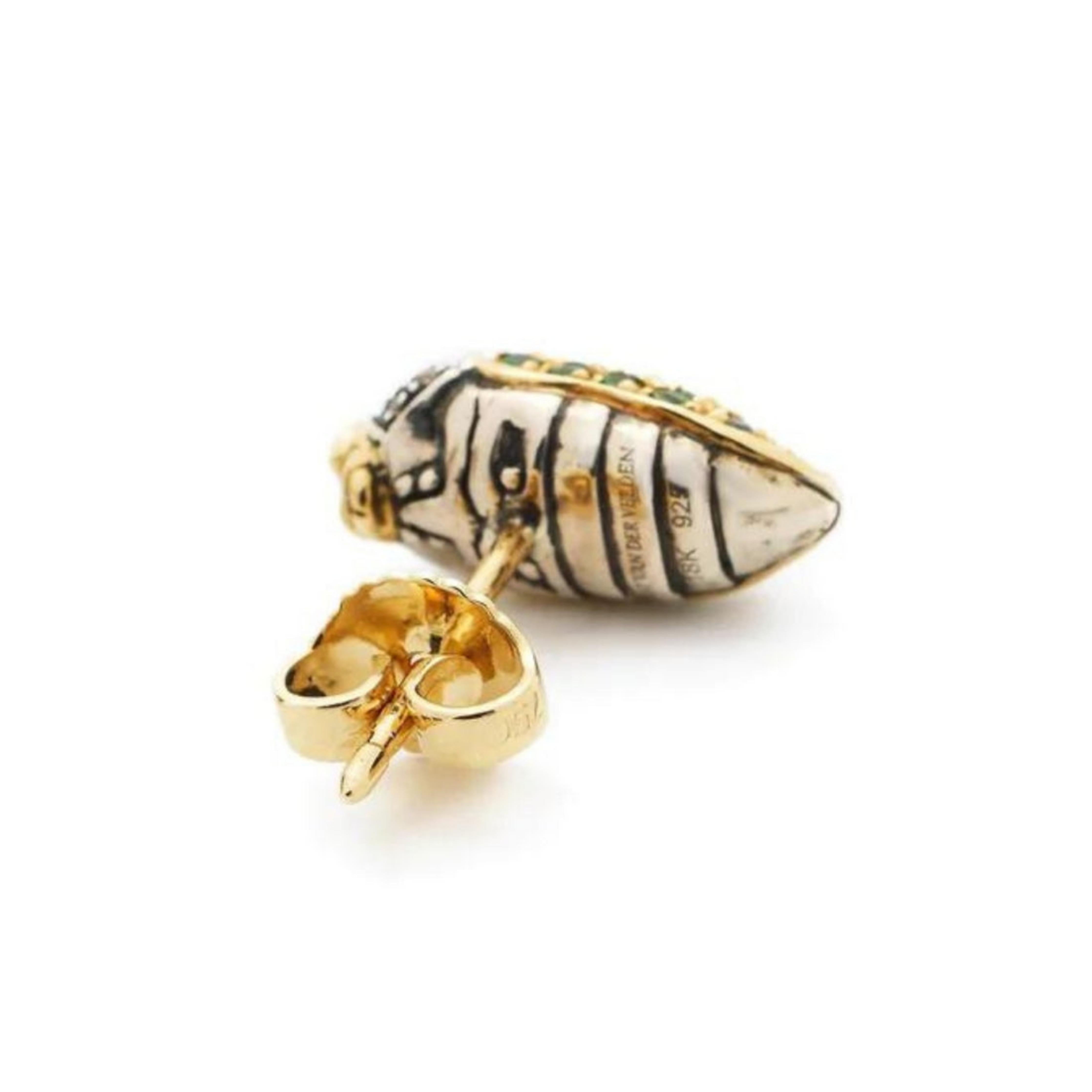 Bibi van der Velden, Mini Scarab Pave Stud. Crafted from 18K yellow gold and sterling silver, this earring features a pave of brown diamonds, tsavorites and yellow sapphires. Shown from behind.