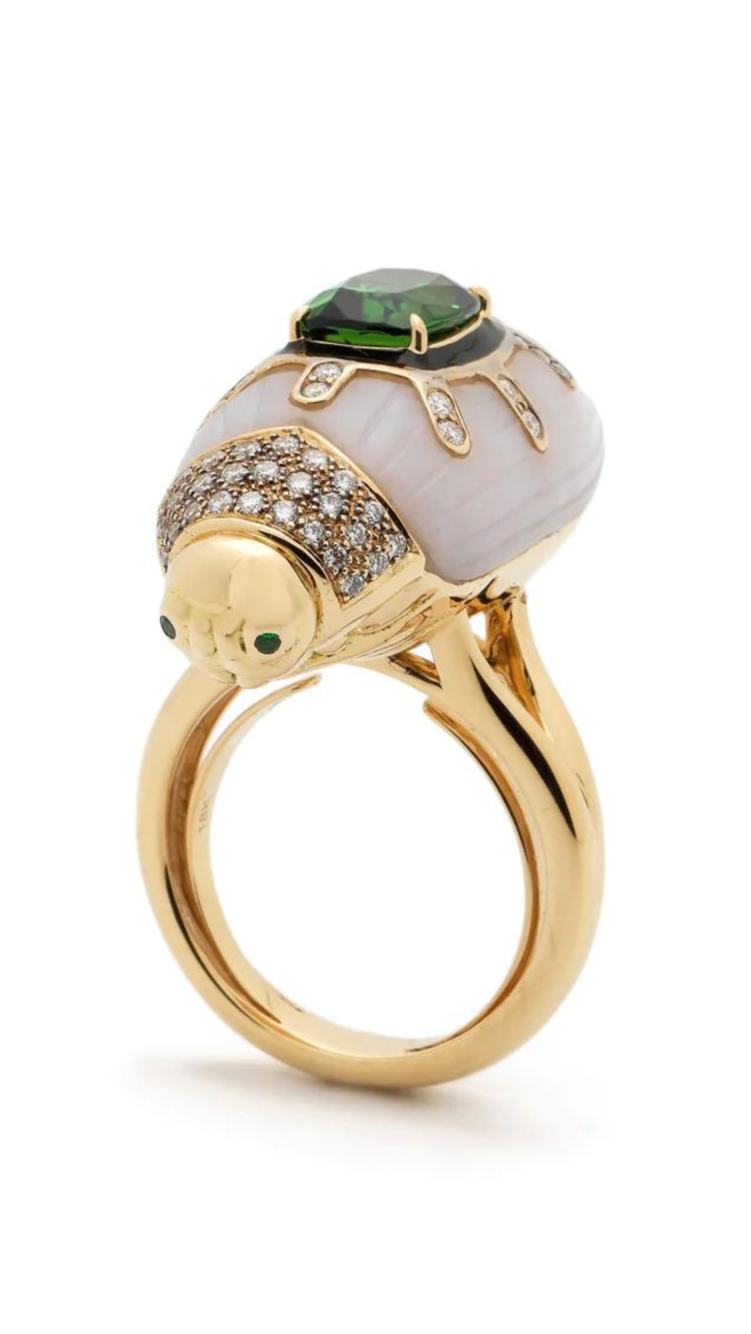 Bibi van der Velden Scarab Pink Opal Ring with Green Tourmaline. Art deco style large statement ring carved into a scarab shape from pink opal. Inlaid with green tourmaline and pave set diamonds adorn the front. Sustainable jewelry. High jewelry collections. Cocktail ring. Ring shown from the front and side view.