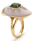 Bibi van der Velden Scarab Pink Opal Ring with Green Tourmaline. Art deco style large statement ring carved into a scarab shape from pink opal. Inlaid with green tourmaline and pave set diamonds adorn the front. Sustainable jewelry. High jewelry collections. Cocktail ring. Ring shown from the front and side view.