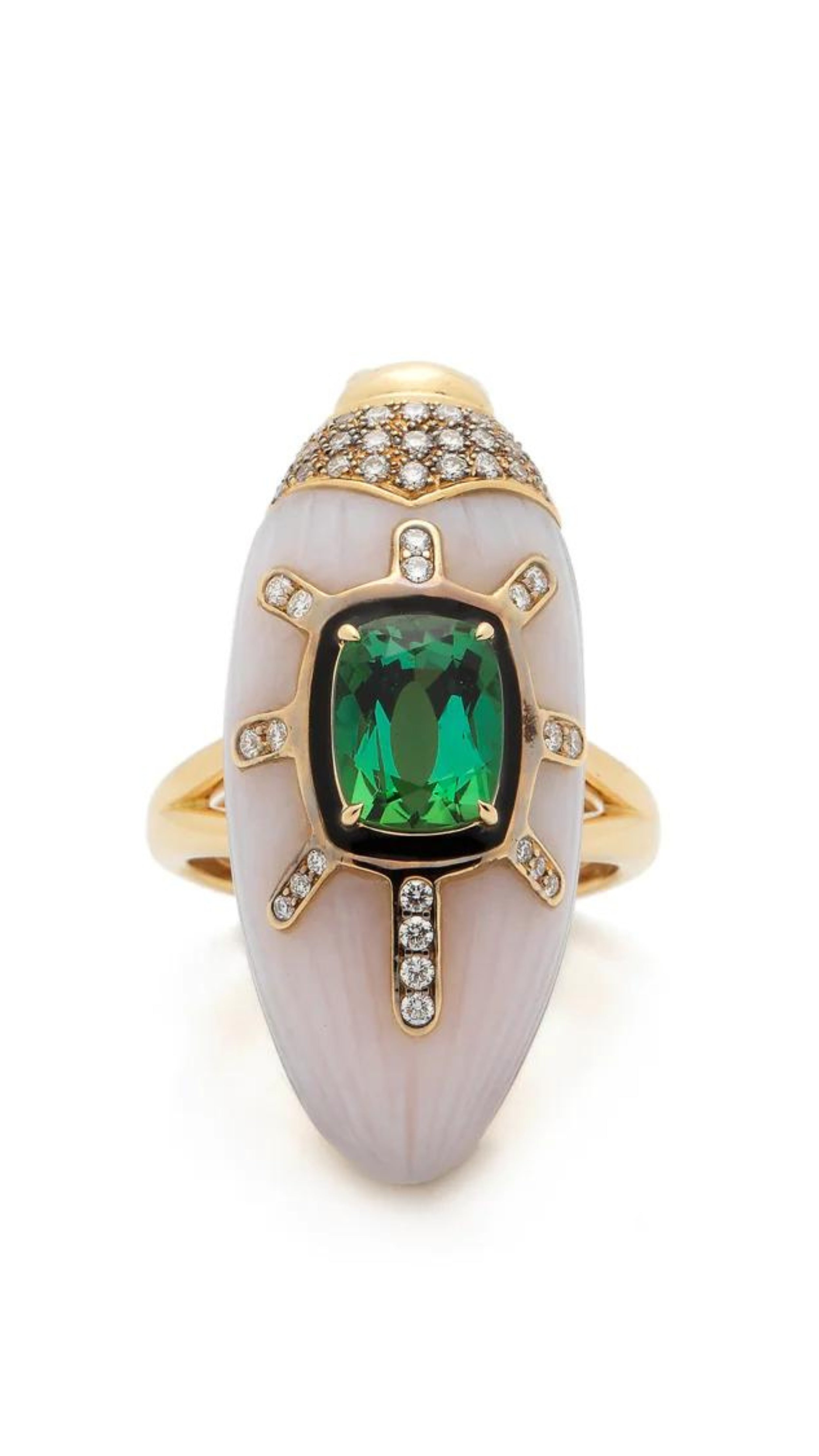 Bibi van der Velden Scarab Pink Opal Ring with Green Tourmaline. Art deco style large statement ring carved into a scarab shape from pink opal. Inlaid with green tourmaline and pave set diamonds adorn the front. Sustainable jewelry. High jewelry collections. Cocktail ring. Ring shown from the front view.