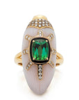 Bibi van der Velden Scarab Pink Opal Ring with Green Tourmaline. Art deco style large statement ring carved into a scarab shape from pink opal. Inlaid with green tourmaline and pave set diamonds adorn the front. Sustainable jewelry. High jewelry collections. Cocktail ring. Ring shown from the front view.