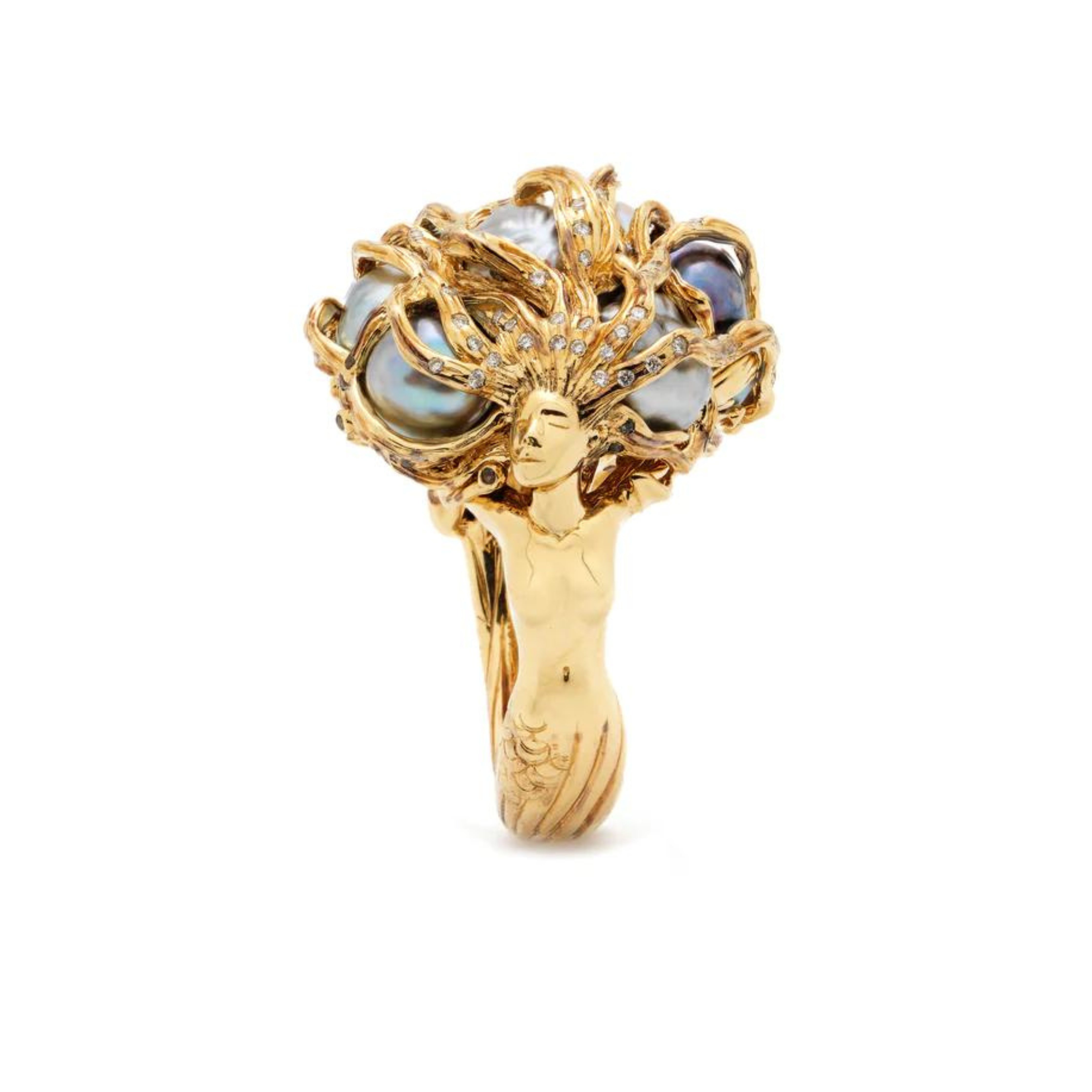 Bibi van der Velden, Sea Goddess Ring Crafted from 18K yellow gold, this cocktail ring features a mermaid&#39;s body serving as its band, with it&#39;s hair intertwined with  keshi pearls and tsavorites. Olive-green enameling symbolizing the flora of the seabed completes the nature-inspired aesthetic.