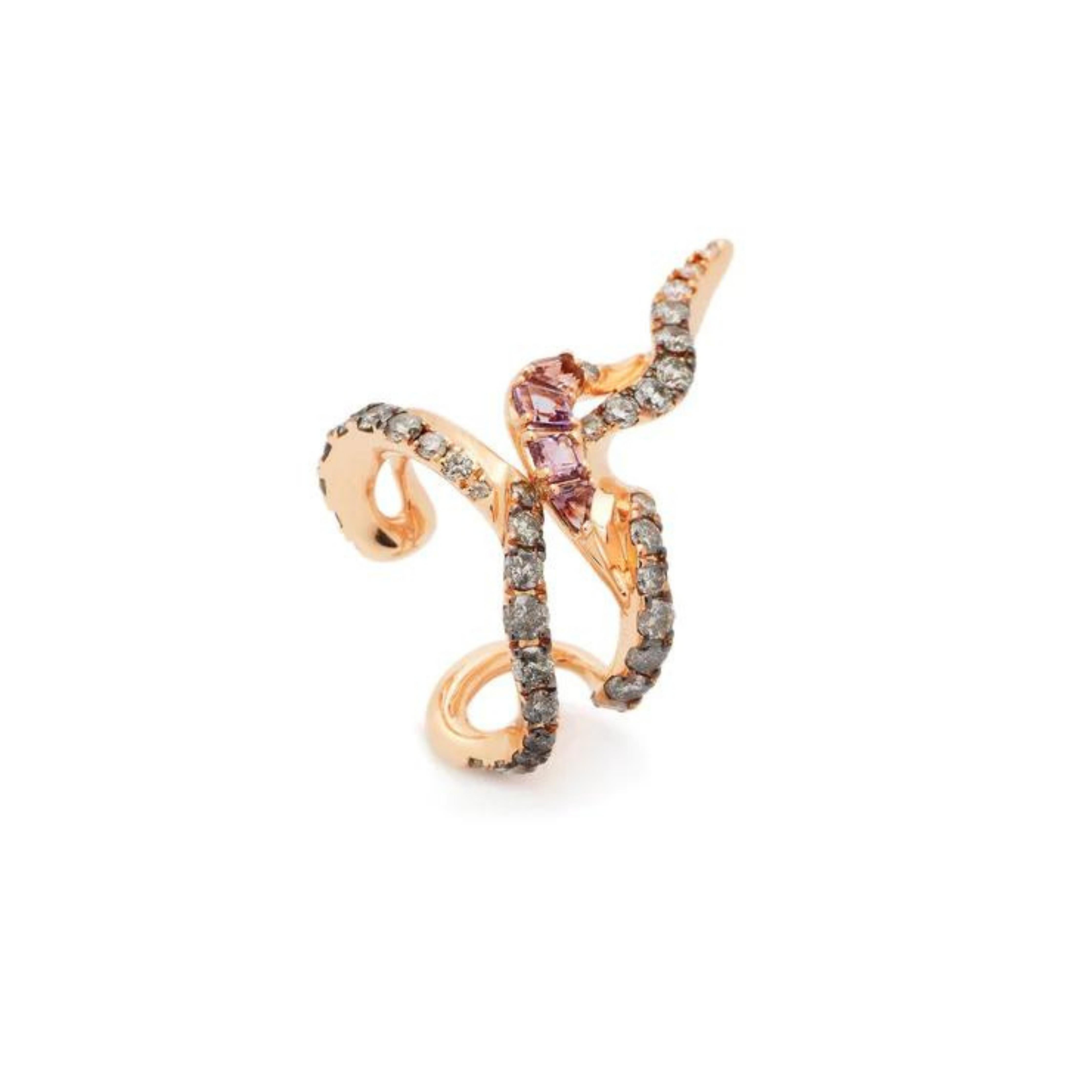 Bibi van der Velden Spark Violet Ear Hugger. Intricately woven in 18K rose gold to fit perfectly around the ear&#39;s edge.  Set with shades of white and grey diamonds, white sapphires, and grey spinels