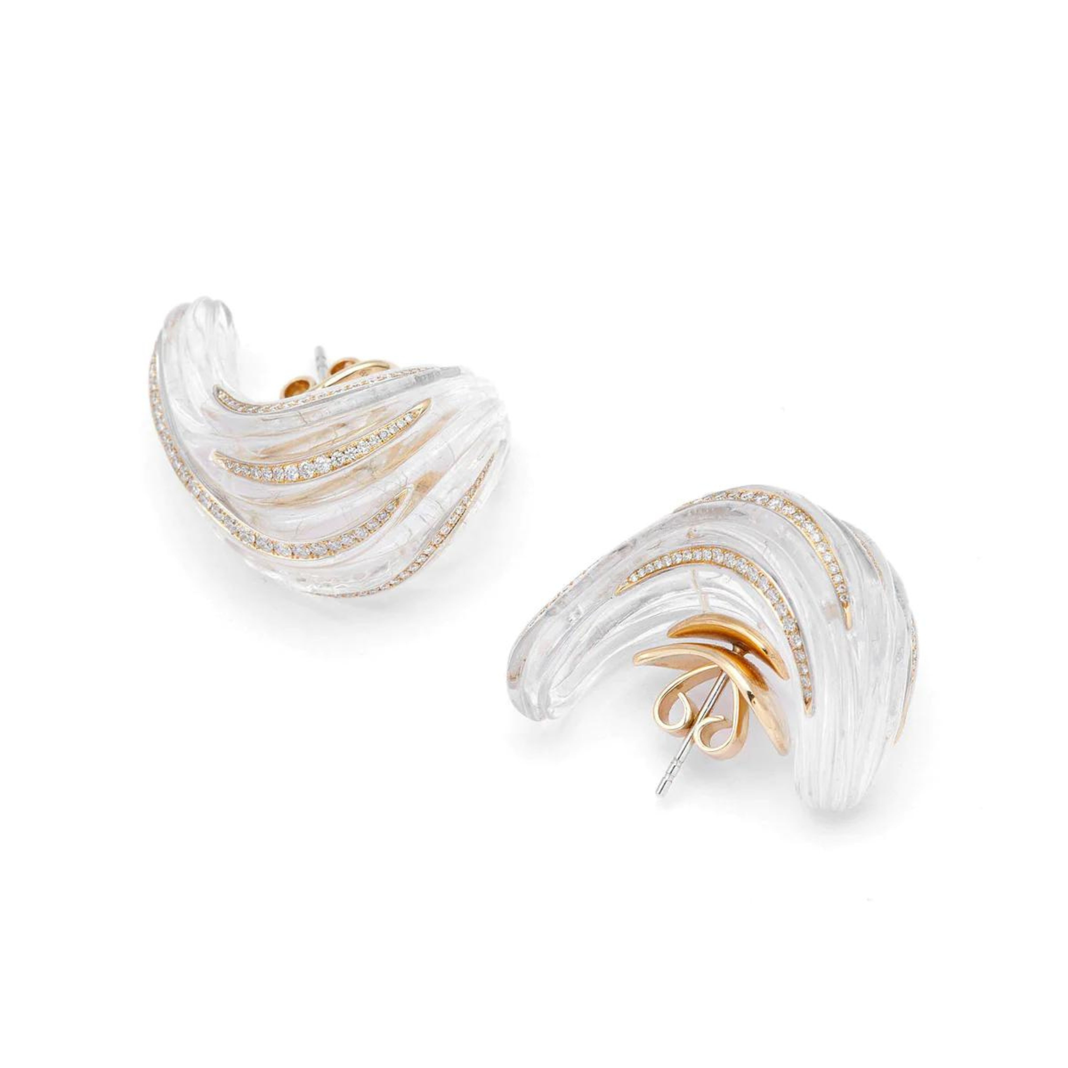 Bibi van der Velden Tidal Wave Earrings crafted with an 18K yellow gold base and accents, white diamonds, and rutile quartz. They are designed to evoke the powerful surge and delicate sparkle of a tidal wave. Front view.