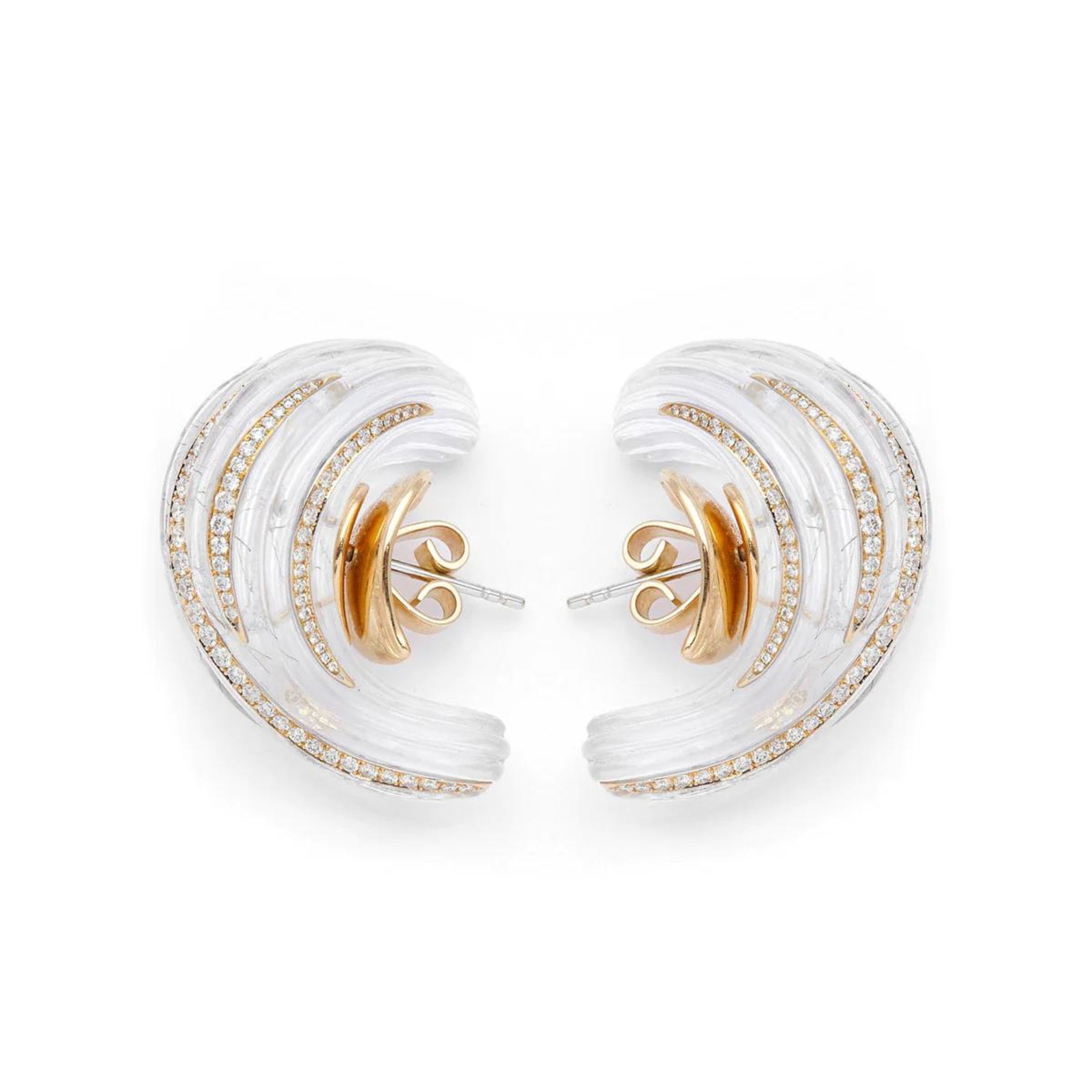 Bibi van der Velden Tidal Wave Earrings crafted with an 18K yellow gold base and accents, white diamonds, and rutile quartz. They are designed to evoke the powerful surge and delicate sparkle of a tidal wave. Side view.